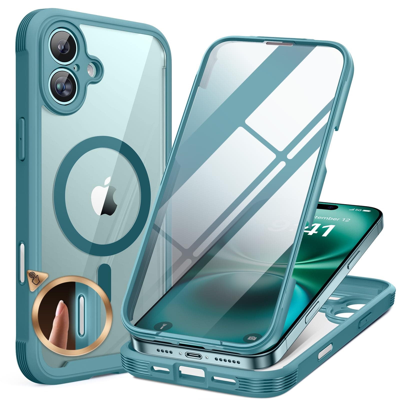 Miracase Magnetic iPhone 16 Plus Case, Full Body Phone with Built-in Glass Screen Protector Compatible with MagSafe Military Anti-Drop Case 16 Plus 6.7 inch, Green