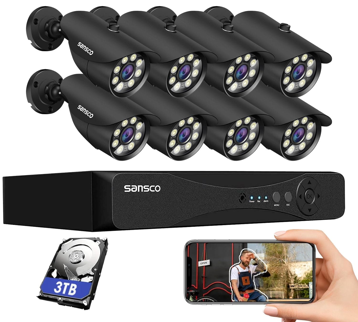 SANSCO 3K 8CH CCTV Security Camera System, 8 Channel DVR 3TB Hard Drive 24/7 Recording, 8 x 5MP Surveillance Bullet Camera Outdoor, Color Night Vision, Human Face Vehicle Detection, APP/Email Alert