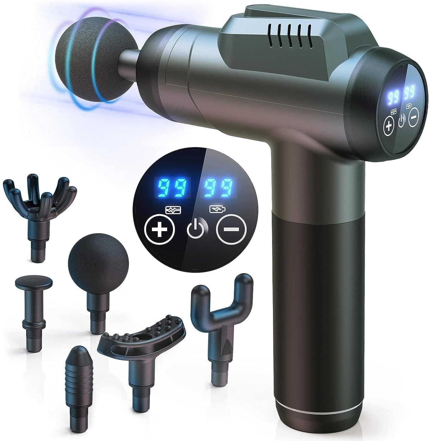 Massage Gun Deep Tissue, 99 Speeds Powerful Percussion Massager with LCD Touch Screen, Handheld Body Massager with 6 Massage Heads for Muscle Pain Relief and Relaxation, Grey