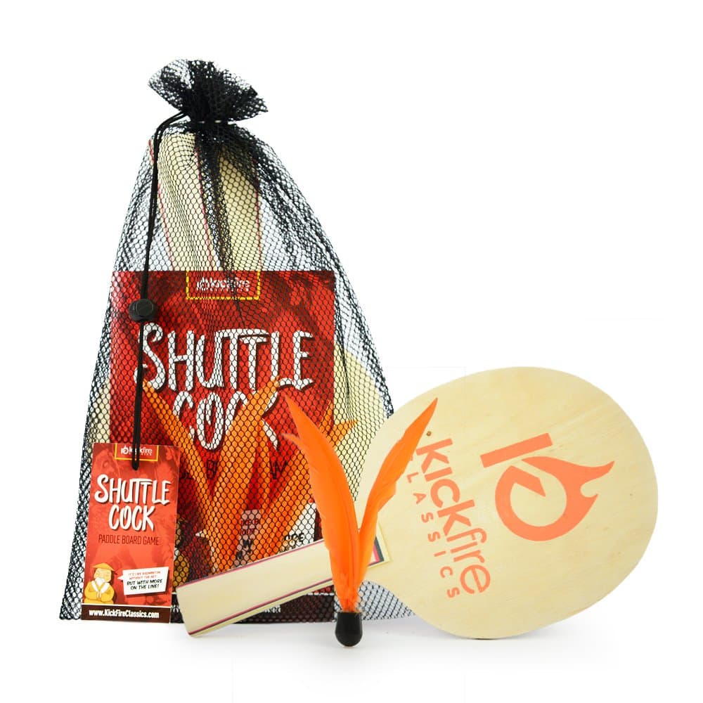 KickFire Classics Shuttlecock Paddle Board Game | Badminton with a Twist | Includes 2 Lightweight Wooden Paddles & 2 Shuttlecock Feathers | Best Indoor & Outdoor Racket Game for Kids, Adults & Teens