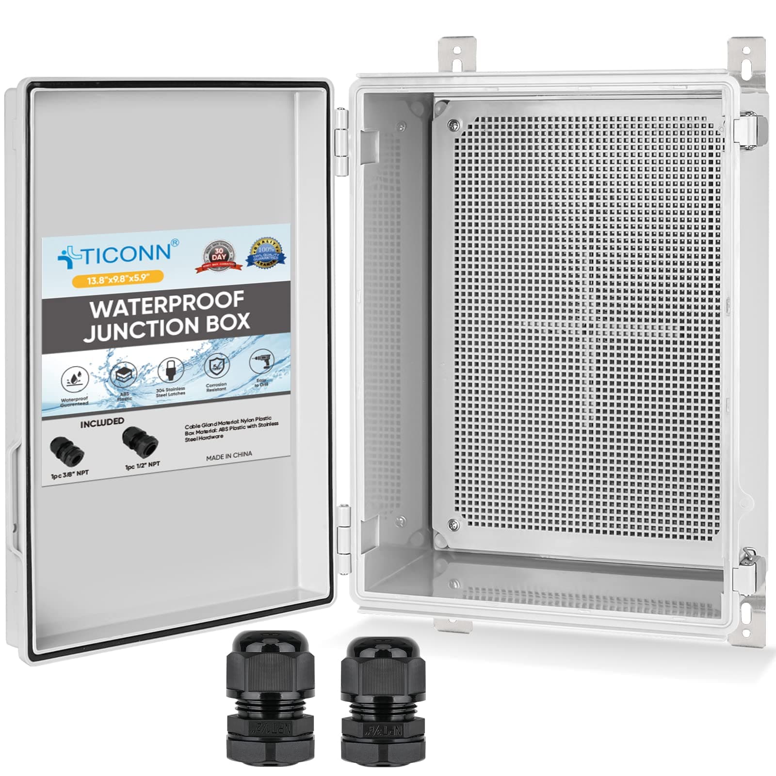 TICONN Waterproof Electrical Junction Box IP67 ABS Plastic Enclosure with Hinged Cover with Mounting Plate, Wall Brackets, Cable Glands (Off-White, 13.8"x9.8"x5.9")
