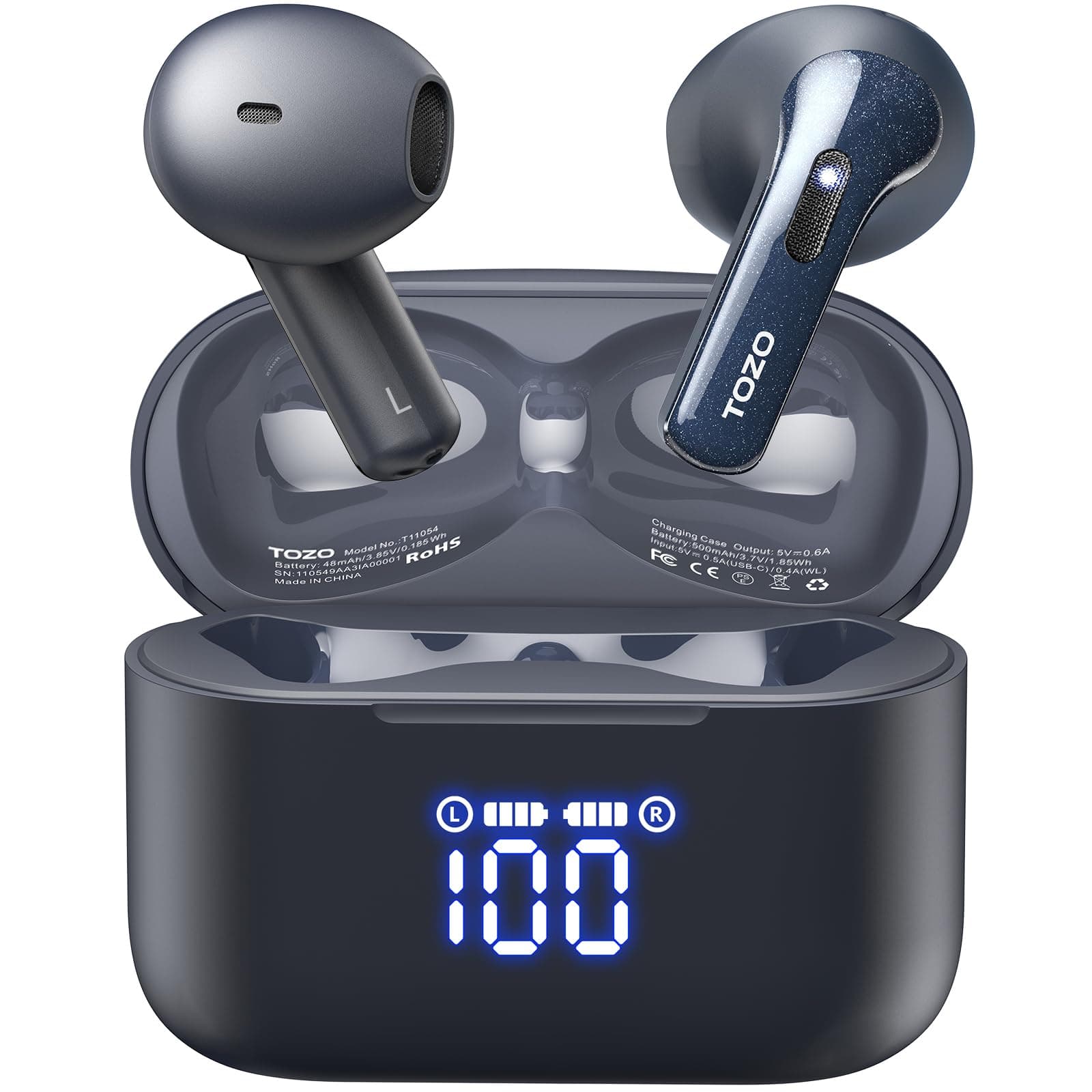 TOZO T21 Wireless Earbuds, 5.3 Bluetooth Headphone, Sem in Ear with Dual Mic Noise Cancelling, IPX8 Waterproof, 44H Playback Stereo Sound with Power Display Wireless Charging Case Blue