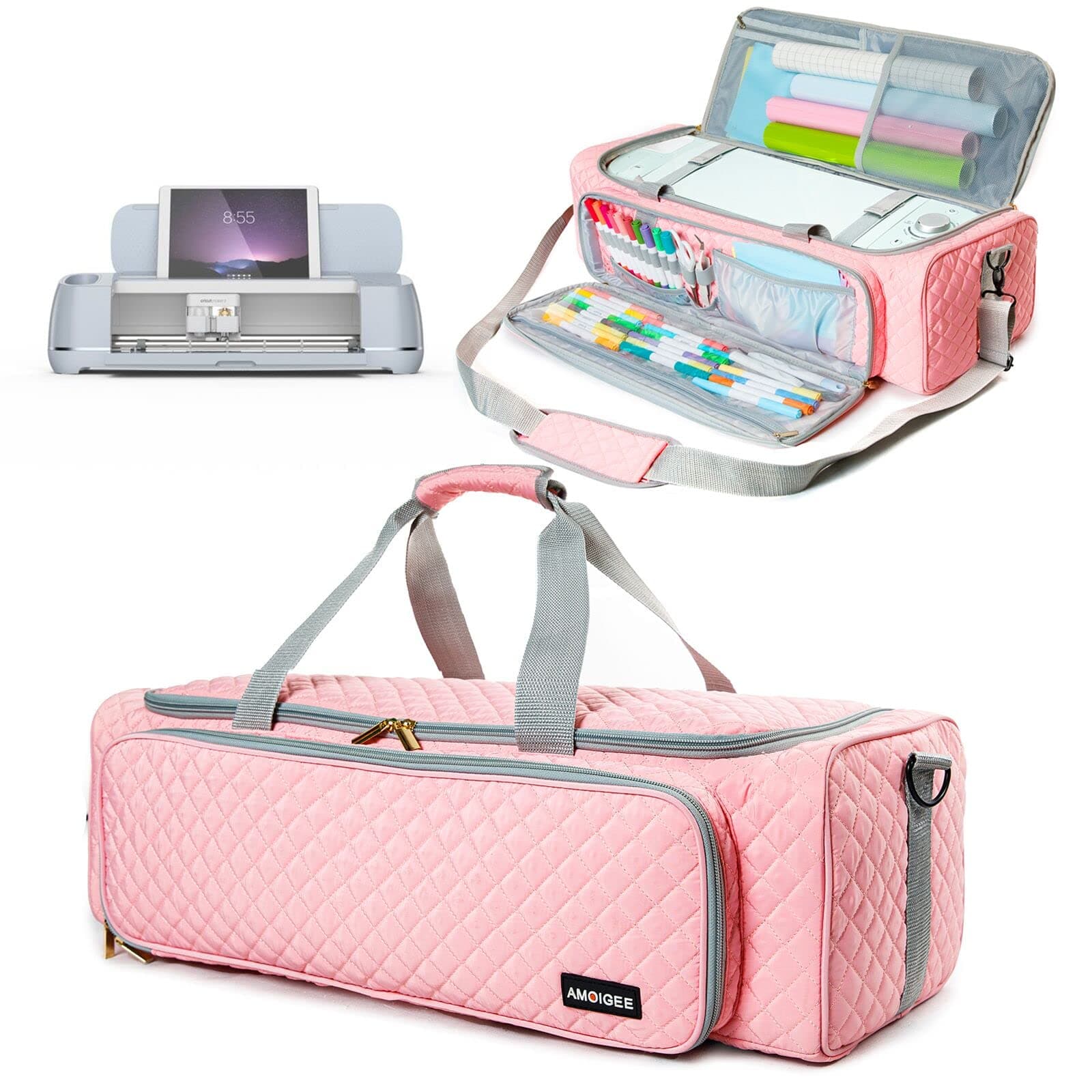 AMOIGEE Carrying Case for Cricut Explore Air 2 & Maker 3, Pink Quilted Storage Organizer for Cricut Accessories