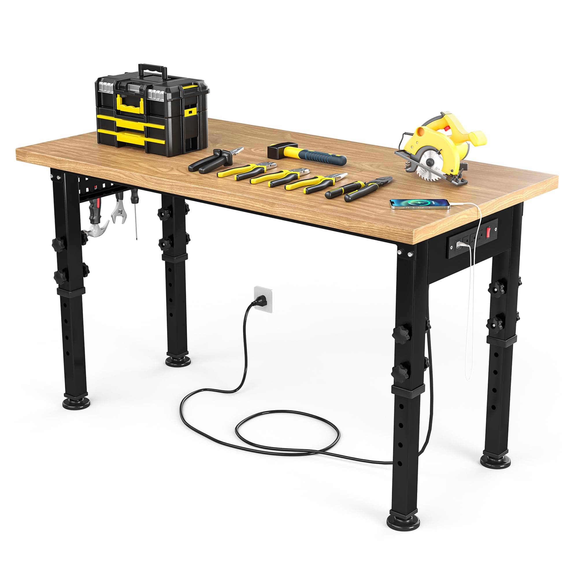 YITAHOME 48 inch Adjustable Work Bench with Wood Top Workbench for Garage W/Pegboard & Power Outlets Heavy-Duty Workstation, 2000 LBS Load Capacity for Workshop, Office, Home Outdoor