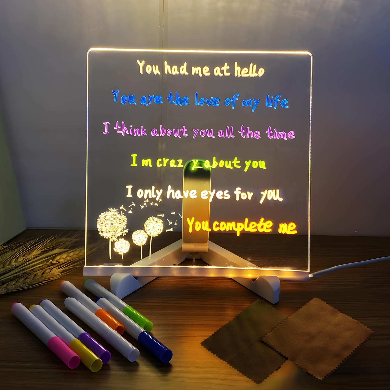 LED Note Board with Colors, Acrylic Dry Erase Board with Light, Light up Dry Erase Board with Stand as a Glow Memo Message Board Note Glass Led Board with 7 Pen for Office School Home