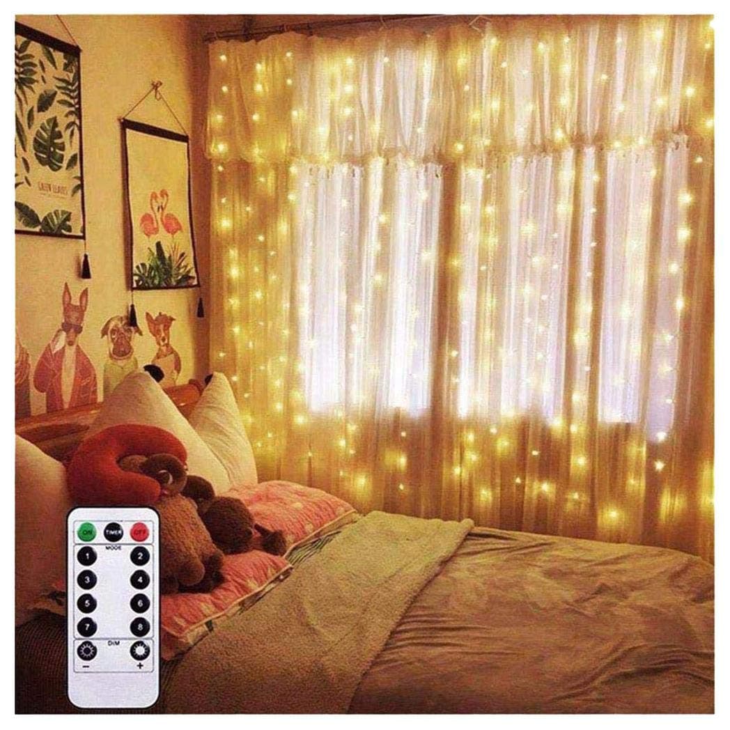 AMARSCurtain Lights 6.5ft x 6.5ft Warm White Backdrop LED Window Fairy String Lights Battery Operated with 8 Modes Remote Control Timer for Bedroom Wedding Party Christmas Indoor Outdoor