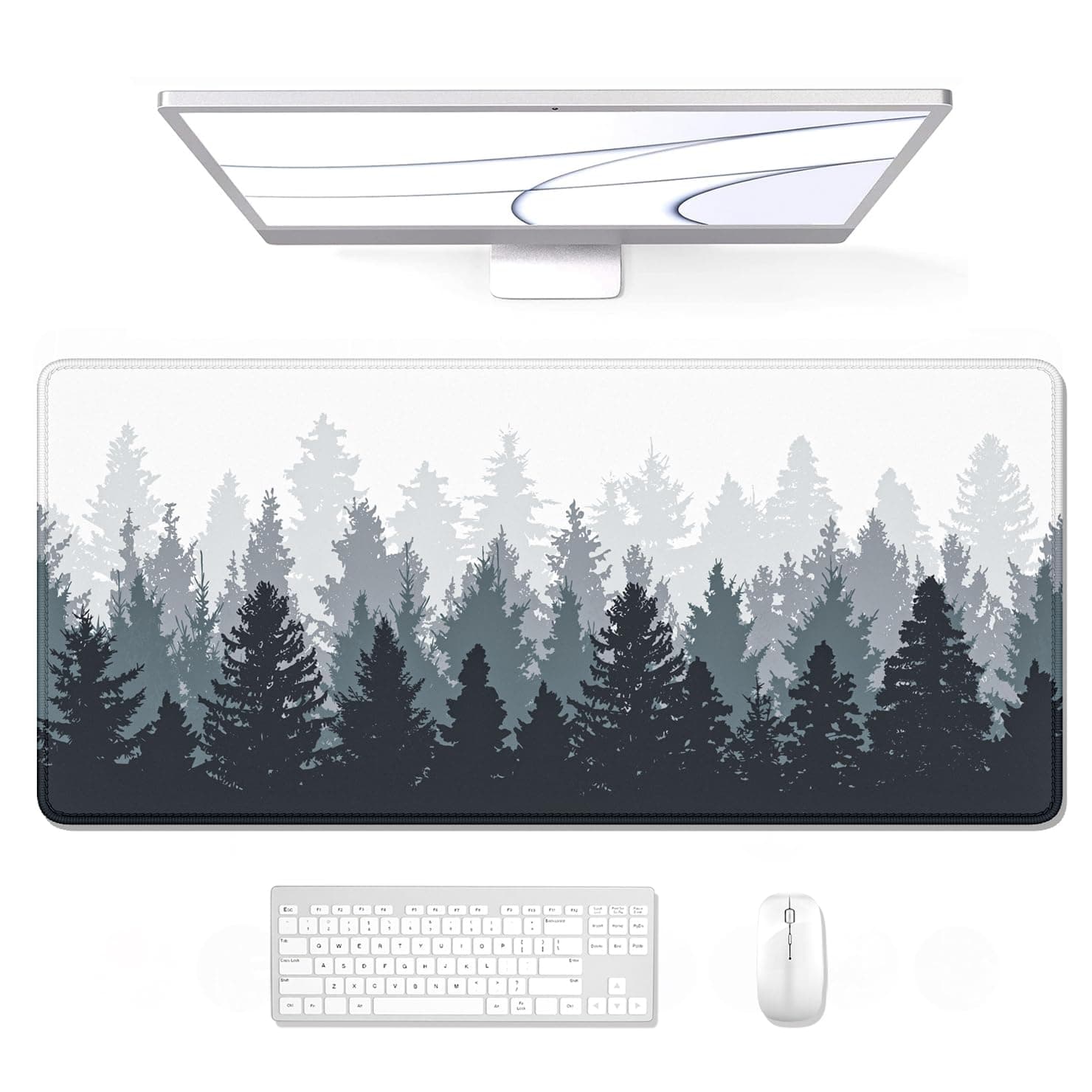 Auhoahsil Large Gaming Mouse Pad, Forest Theme XXL 35.4 x 15.7 in Desk Pad Stitched Non-Slip Rubber Long Computer Mousepad Thin Extended Full Size Desk Mat for Desktop, Laptop, Wireless Mice, White