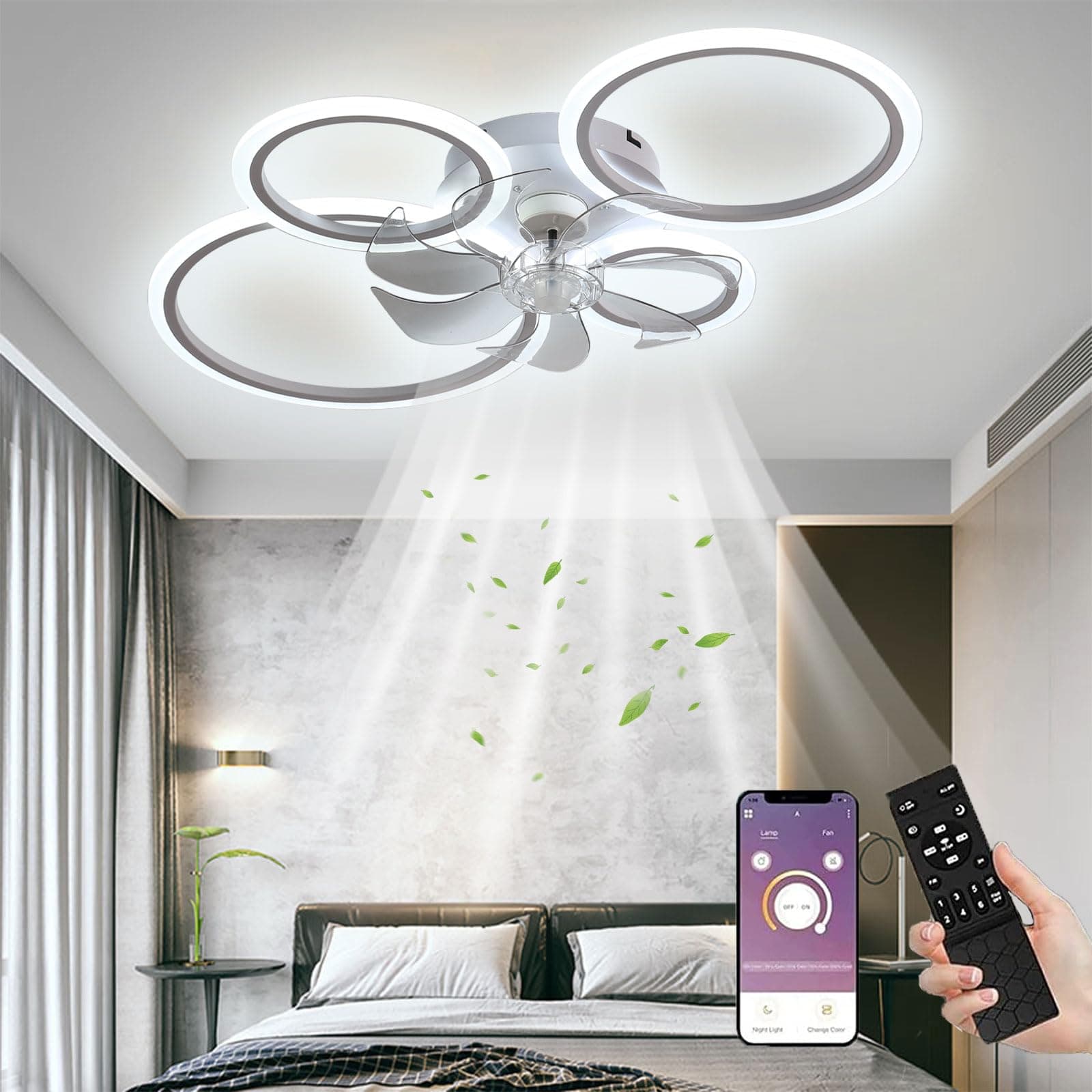 Ceiling Fan with Lighting,led Ceiling Light with Fan Remote Control and APP Quiet,60W Dimmable Ceiling Lamp Timer Lamp with Fan for Bedroom Living Room Dining Room Light,75x13cm