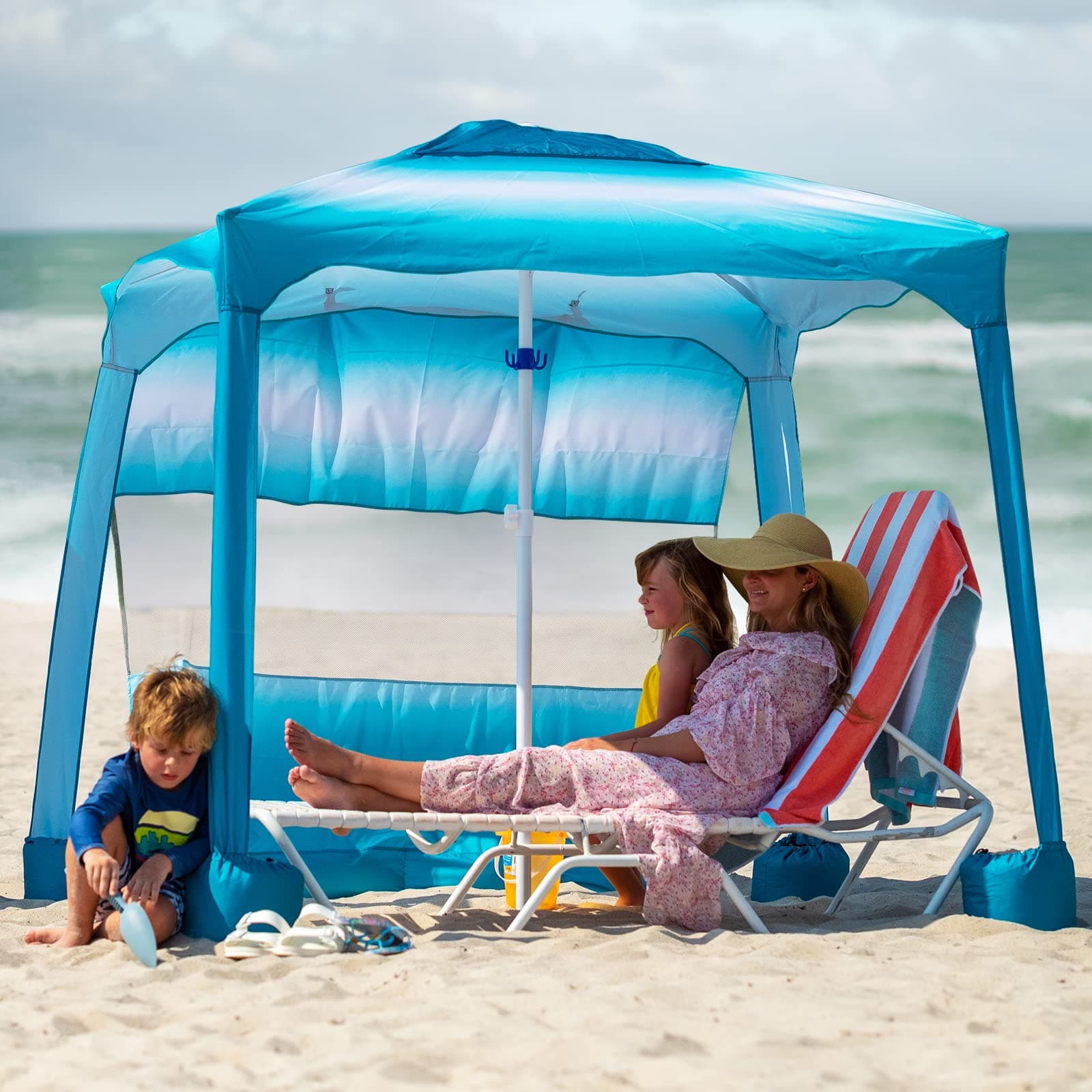 AMMSUN Beach Cabana, 6.2'×6.2' Beach Canopy, Easy Set up and Take Down, Cabana Tent with Sand Pockets, Instant Sun Shade with Side Wall, Gradient Blue