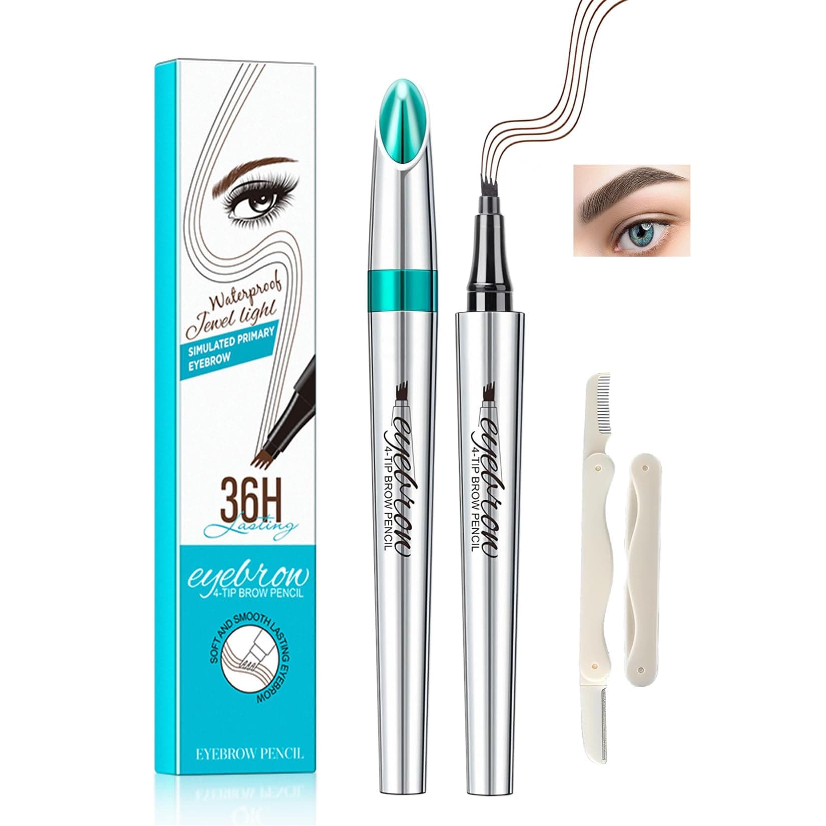4D Microblading Eyebrow Pen with 4 Fork Tips – Waterproof, Smudge-Proof & Long-Lasting Liquid Brow Pencil for Natural Hair-Like Strokes, Includes Eyebrow Razor – Dark Brown