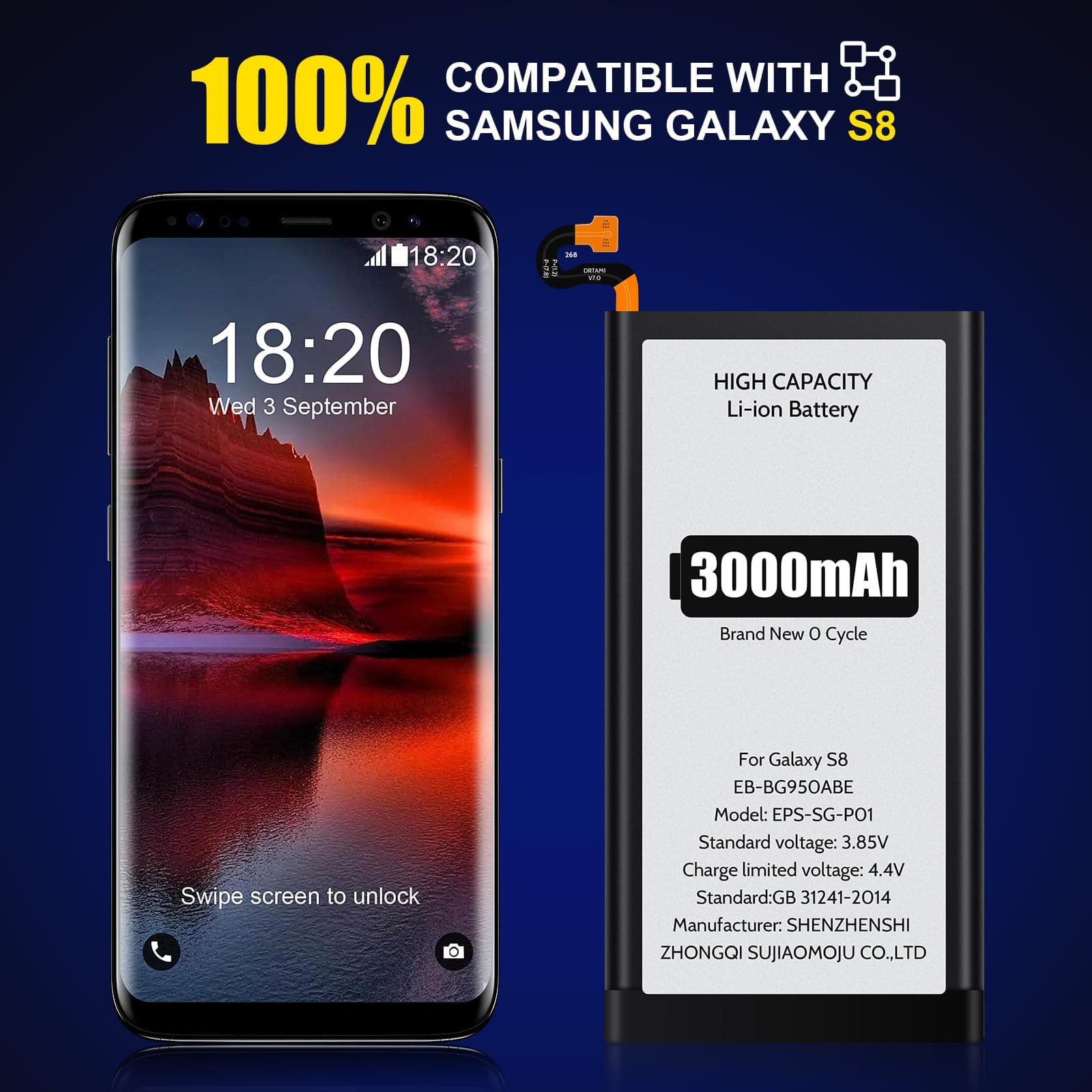 ElephantStory Battery for Galaxy S8, 3000mAh Battery for Samsung Galaxy SM-G950U,S8 SM-G950U1,S8 SM-G950W,S8 SM-G950FD EB-BG950ABE/EB-BG950ABA