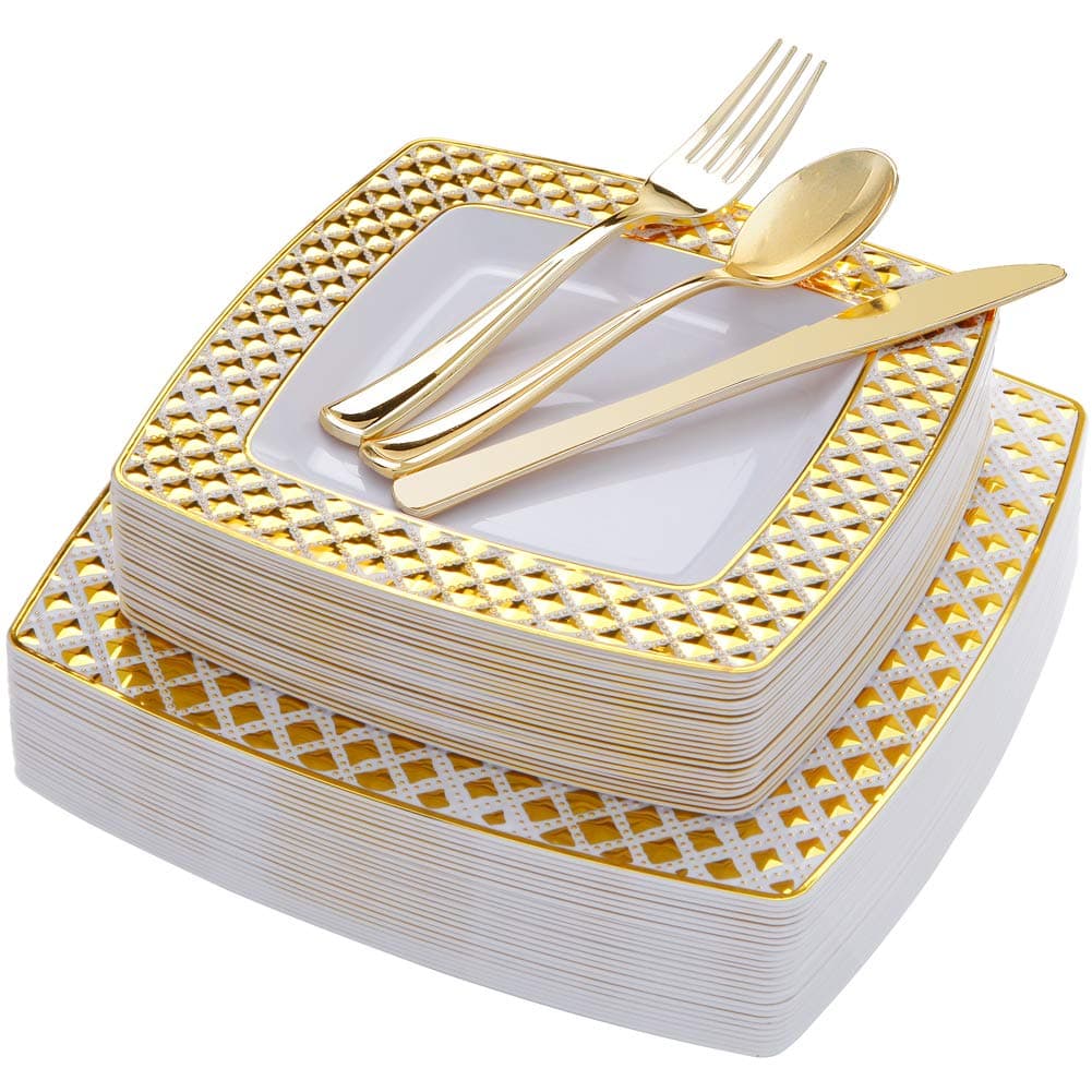 WDF 125PCS Gold Plastic Plates with Disposable Silverware,Diamond Square Plastic Tableware include 25 Dinner Plates,25 Salad Plates,25 Forks, 25 Knives, 25 Spoons