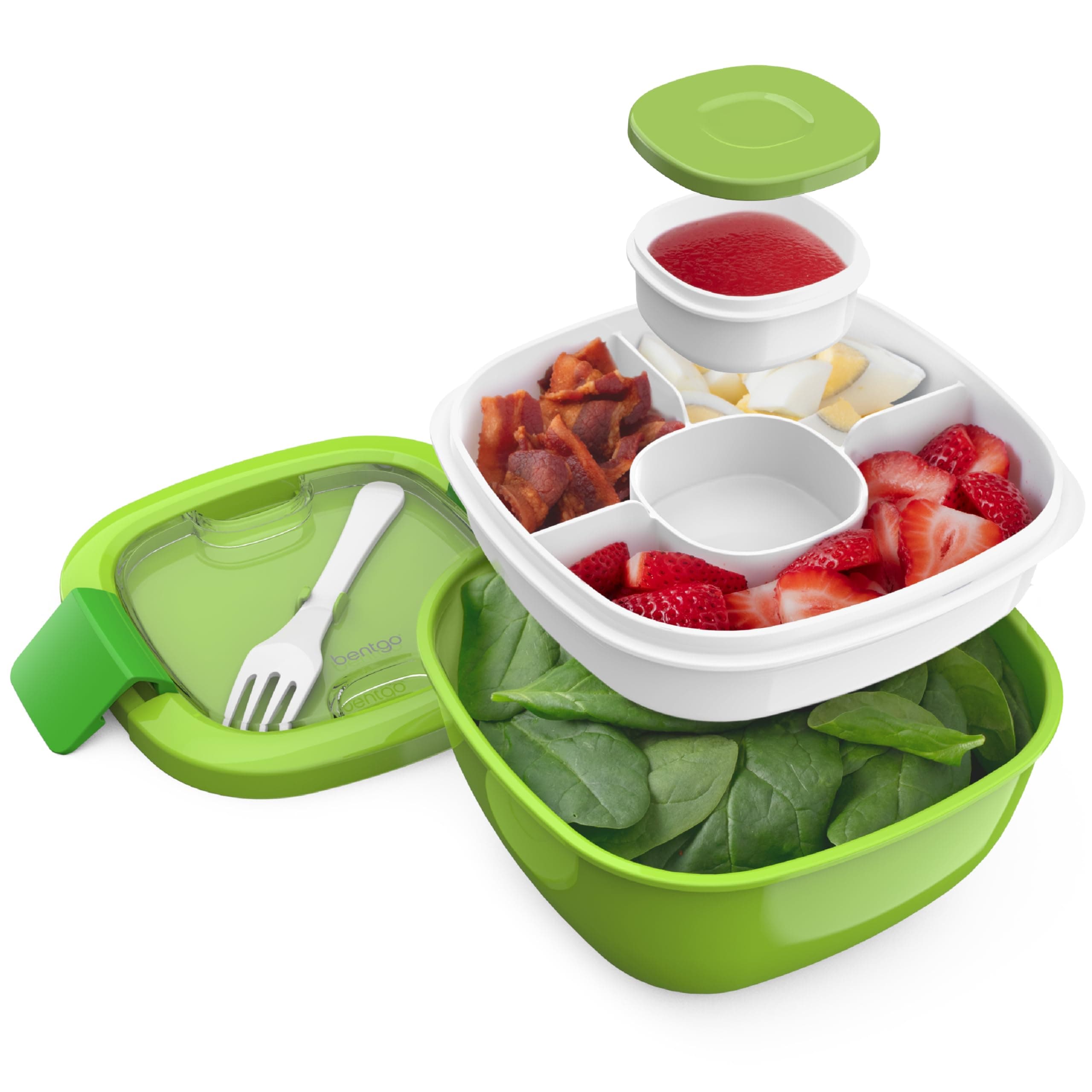 Bentgo Salad Container - 54 oz Bowl with 4-Compartment Toppings Tray, Leak-Proof Dressing Container, Reusable Fork, BPA-Free Lunch Box for Meal Prep & Food Storage; Removable Bento Tray (Green)