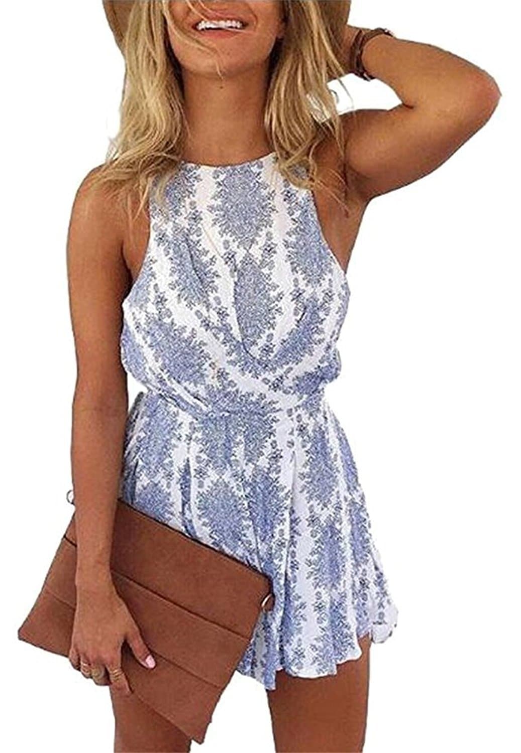 Women's Strap Backless Romper Beach Sleeveless Boho Floral Print Short Jumpsuit