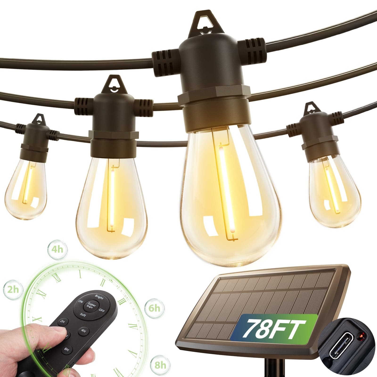 addlon 78(72+6) FT Solar String Lights Outdoor Waterproof with USB Port & Remote Control Solar Patio Lights Long Last for 20+Hrs Dimmable Solar Power LED Bulbs Hanging for Porch Garden Market Bistro