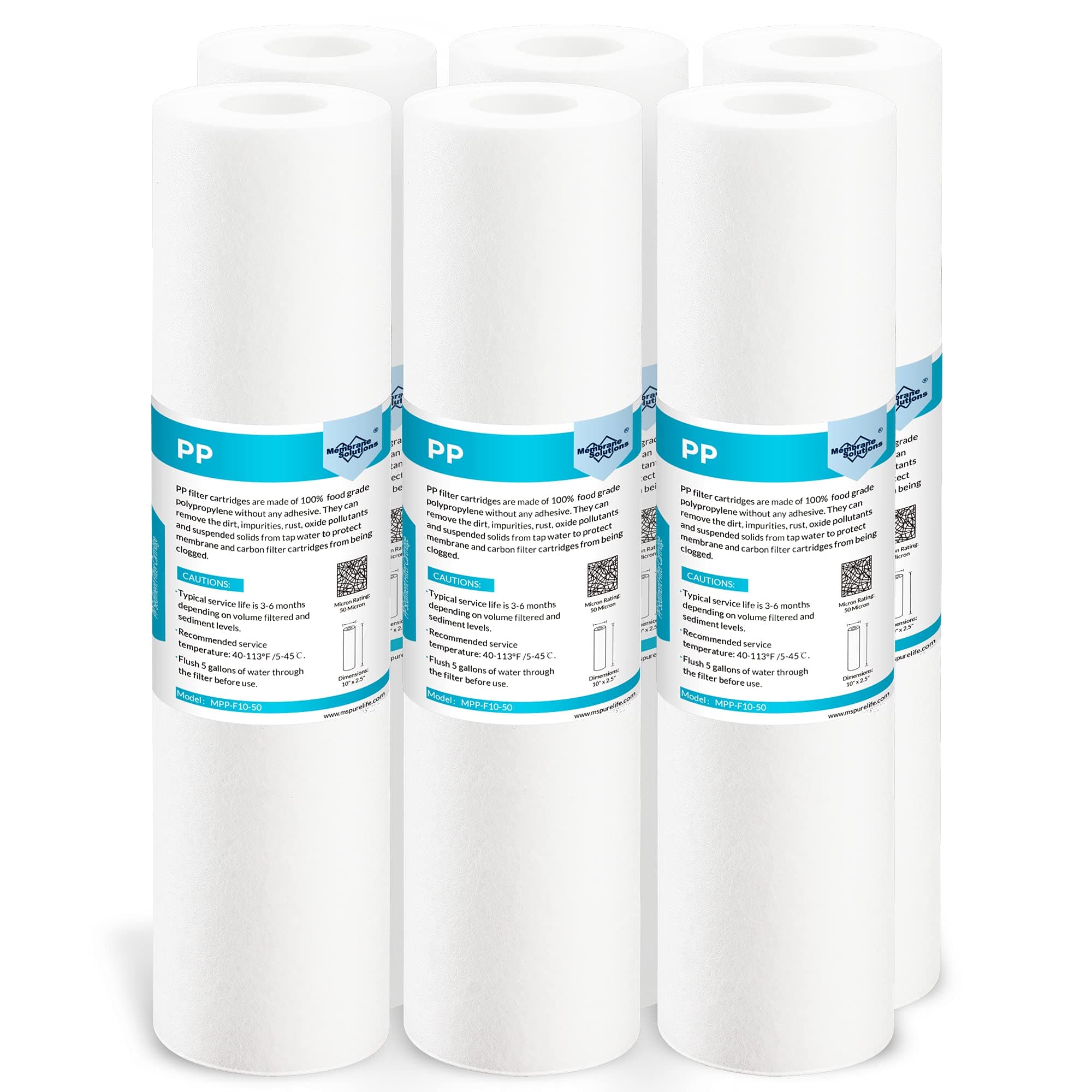Membrane Solutions 50 Micron Sediment Water Filter Replacement Polypropylene Cartridge 10"x 2.5" for Whole House RO System, Compatible with Aqua-Pure AP110, GE FXUSC, WHKF-GD05, Culligan P5-6 Pack