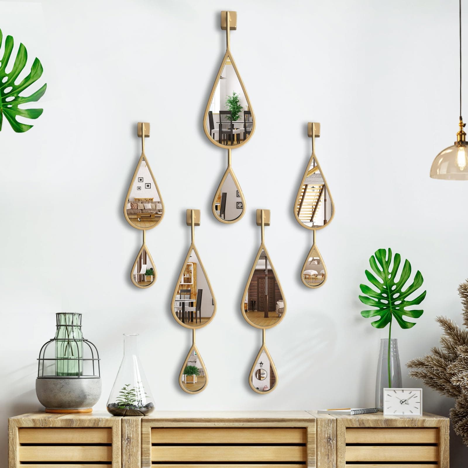 Wall Mirror Decorative Mirrors Mounted Decor Tear Drop Shape Gold for Bedroom Living Room Entryway Bathroom Vanity Brassy Gold Metal Frame, 5-Pack Mirrors Set