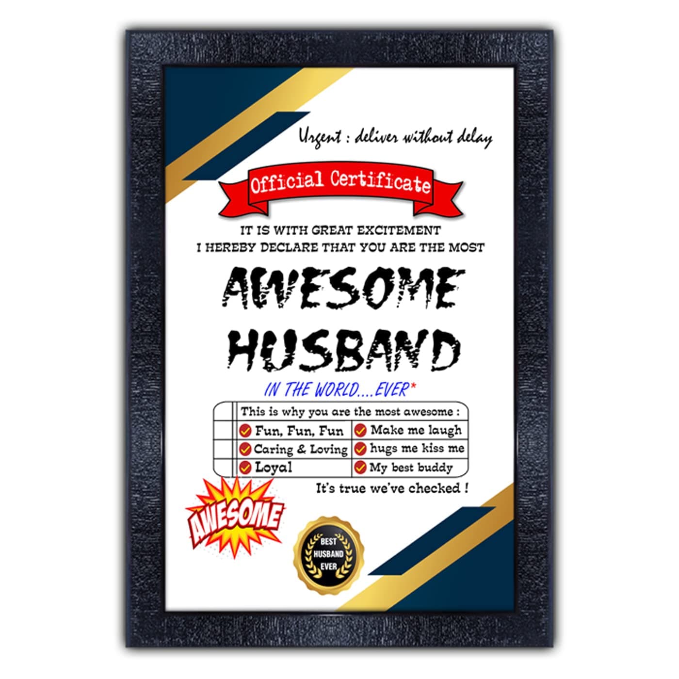 pnf Best Husband Certificate Framed Design Gift for Husband Table Stand and Hanging Hook Wood Photo Frames with Acrylic Sheet (Glass) (10 x 14 inch),Multicolour,Synthetic A4 Size