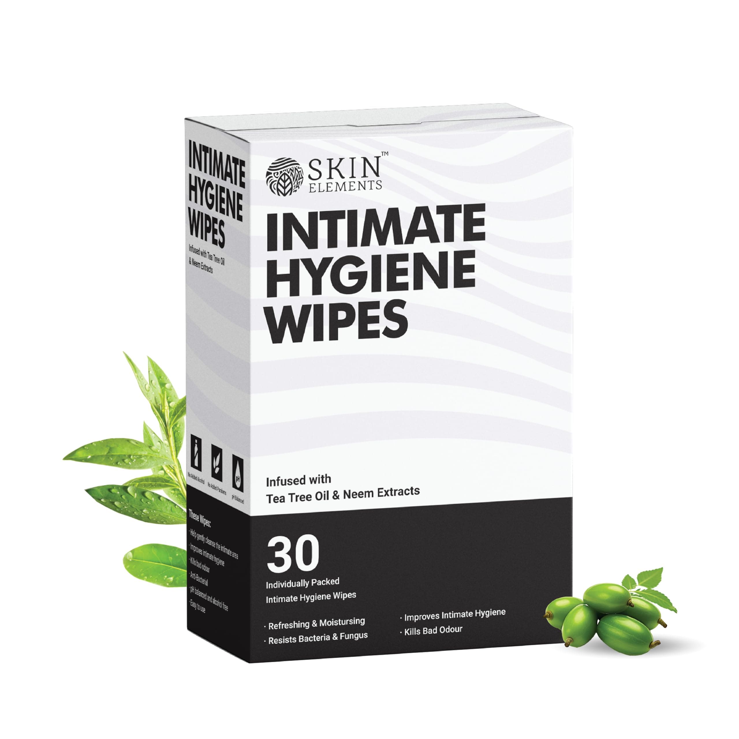 Skin Elements Intimate Hygiene Wipes pH Balanced Wipes With Tea Tree Oil Avoids Itching And Bad Odor Pack Of 30 Individually Wrapped Wipes
