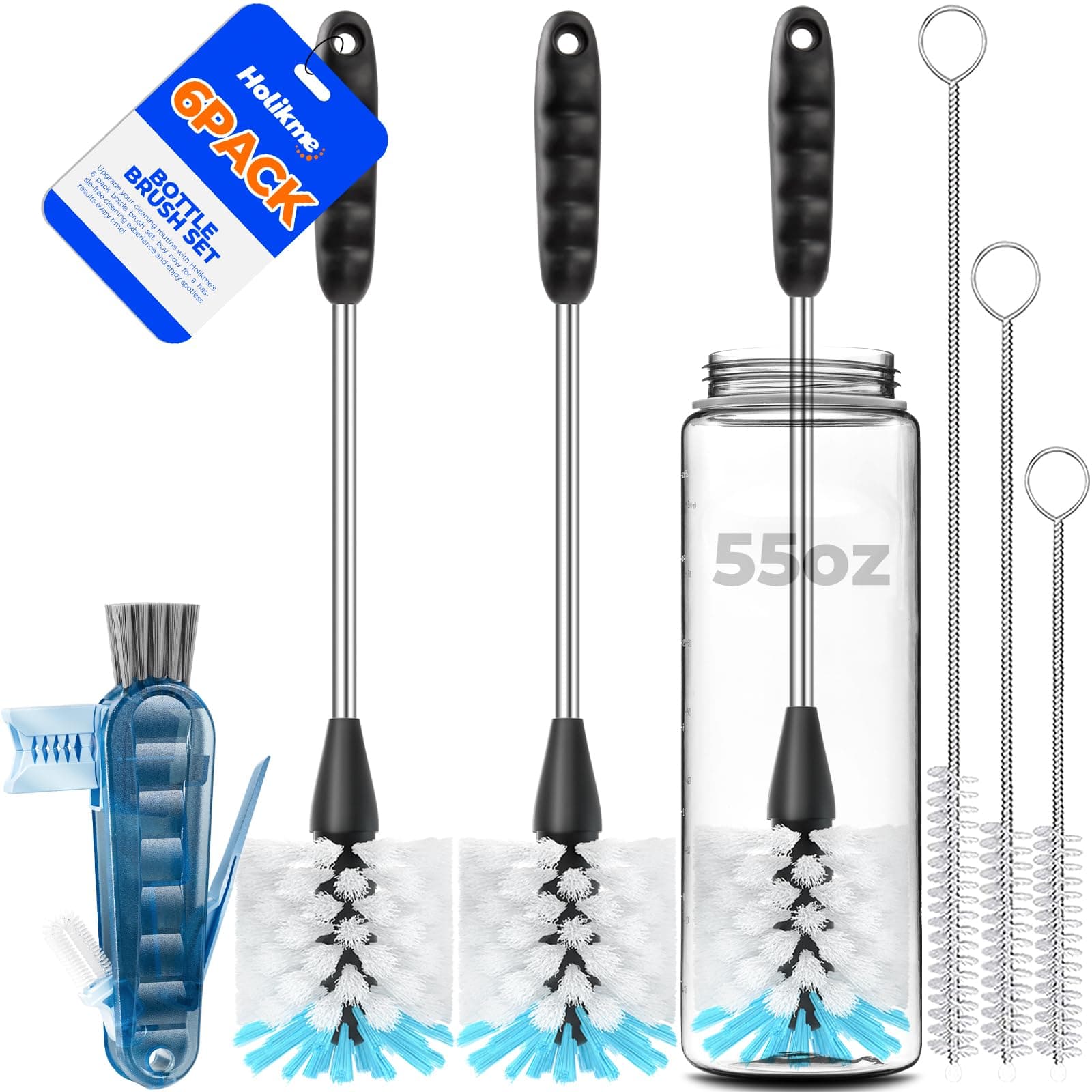 Holikme 6 Pack Bottle Brush Set, 14" Long Handle Stainless Steel Bottle Cleaner Brush, 3 Straw Brushes, 3-in-1 Bottle Cleaning Brush for Water Bottle, Baby Bottle, Blue&White