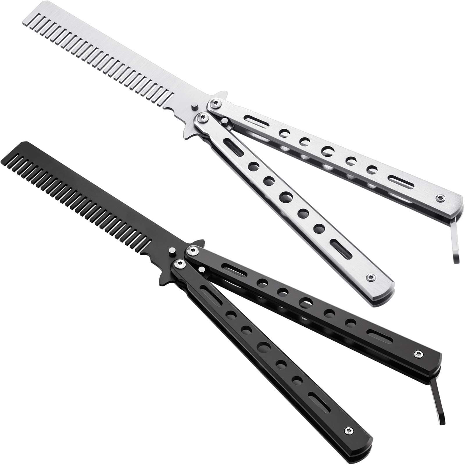 2 Pieces Combs Stainless Steel Folding Practice Combs Hair Styling Tools for Sport Outdoor Use (Black, Silver)