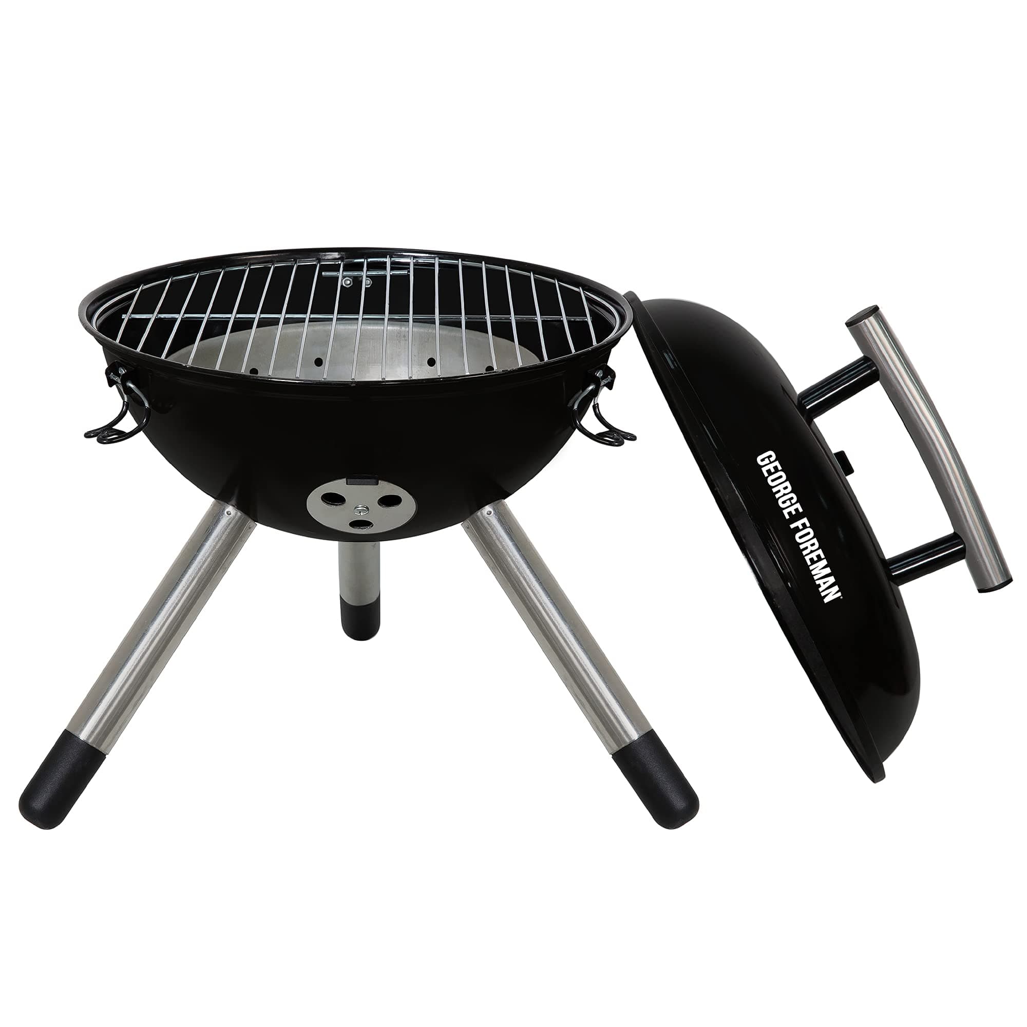 George Foreman Portable Charcoal BBQ 34 cm Compact Round with Adjustable Air Vent, Lightweight & Integrated Handle with Chrome Grill, Stand, Charcoal Barbecue, GFPTBBQ1401B