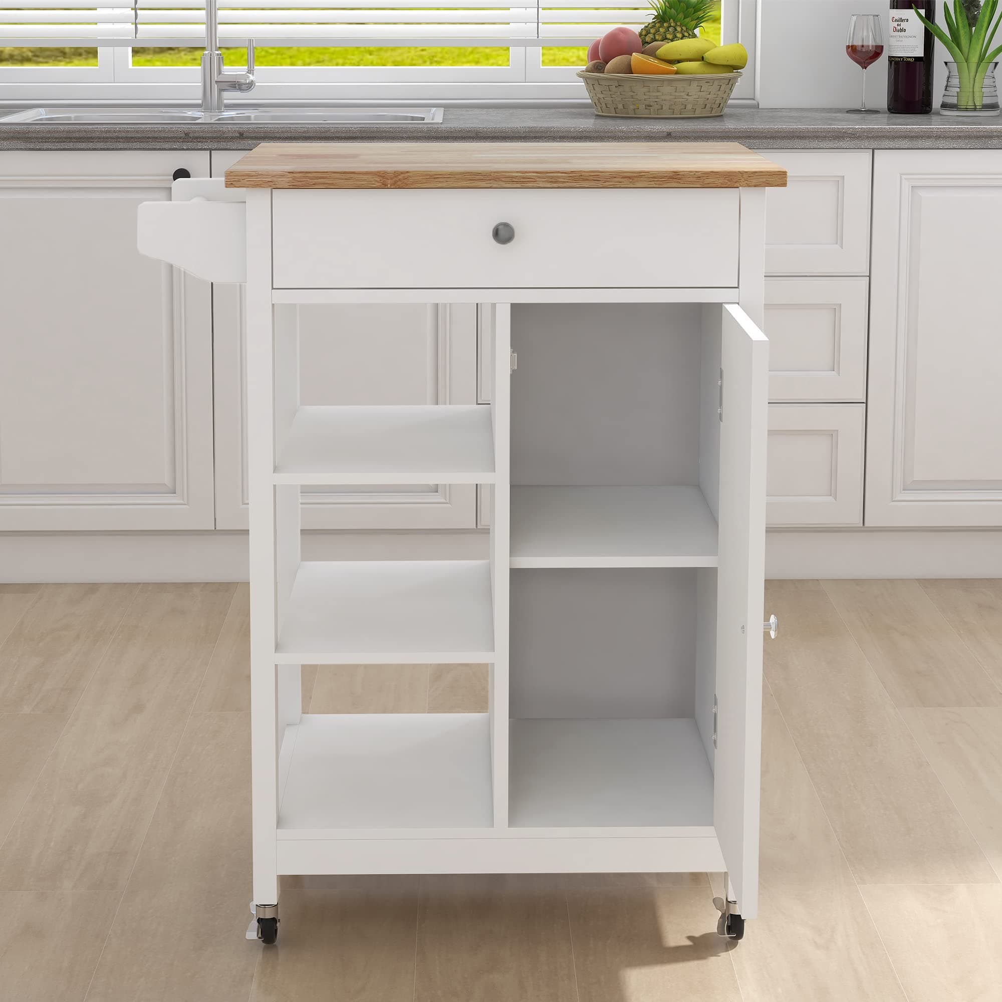 LUMISOL Small Rolling Kitchen Cart on Wheels with Storage, Kitchen Island Side Table with 3 Open Shelves & Towel Rack, Portable Island with Rubber Wood Table Top, White
