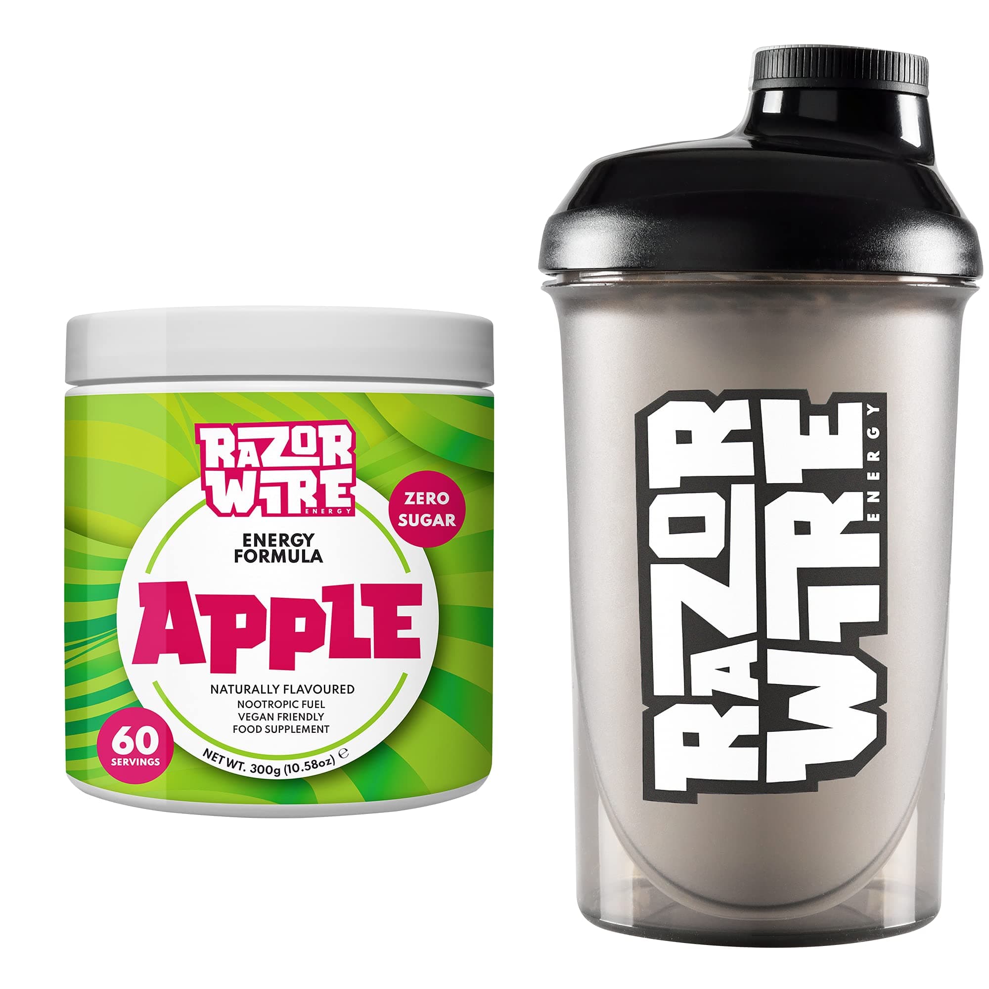 RAZORWIRE ENERGY | Apple | Focus Boost Energy Drink, Zero Sugar, Low-Calorie, Vegan | 60 Servings + Recon Shaker (500ml)