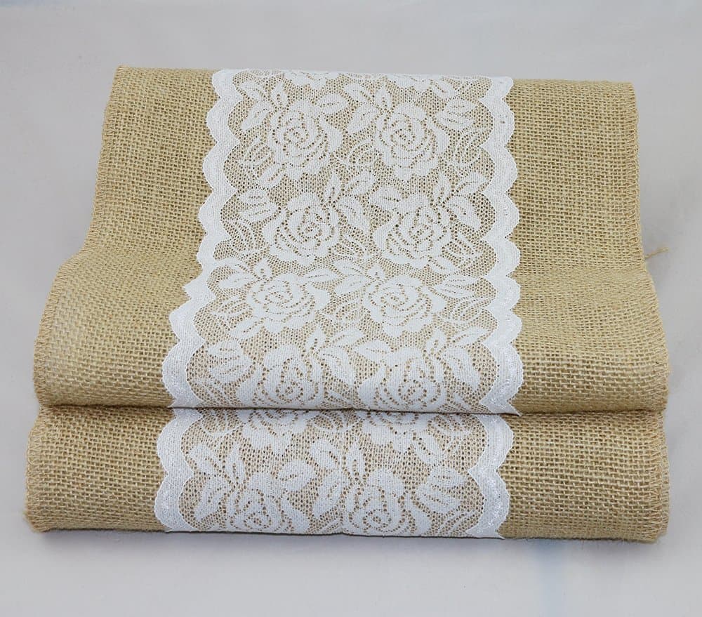 MEIHUA Natural Burlap Table Runner with Lace Wedding Decor Rustic Shabby Chic Hessian Jute Outdoor Party Between (Length: 47")