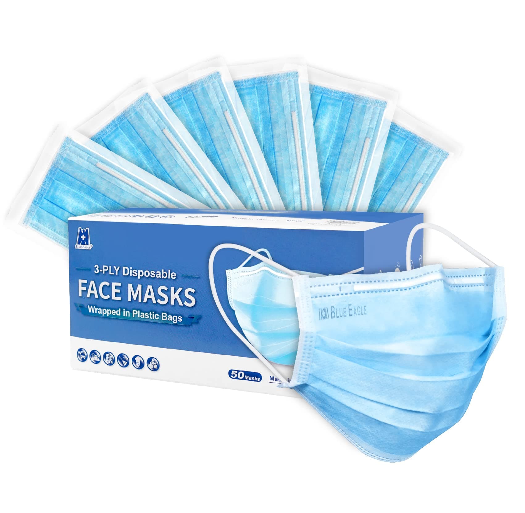 BLUE EAGLE Disposable Face Mask 50 Pack Individually Wrapped For Adults 3 Layer Face Mask With Nose Wire, Elastic Ear loops