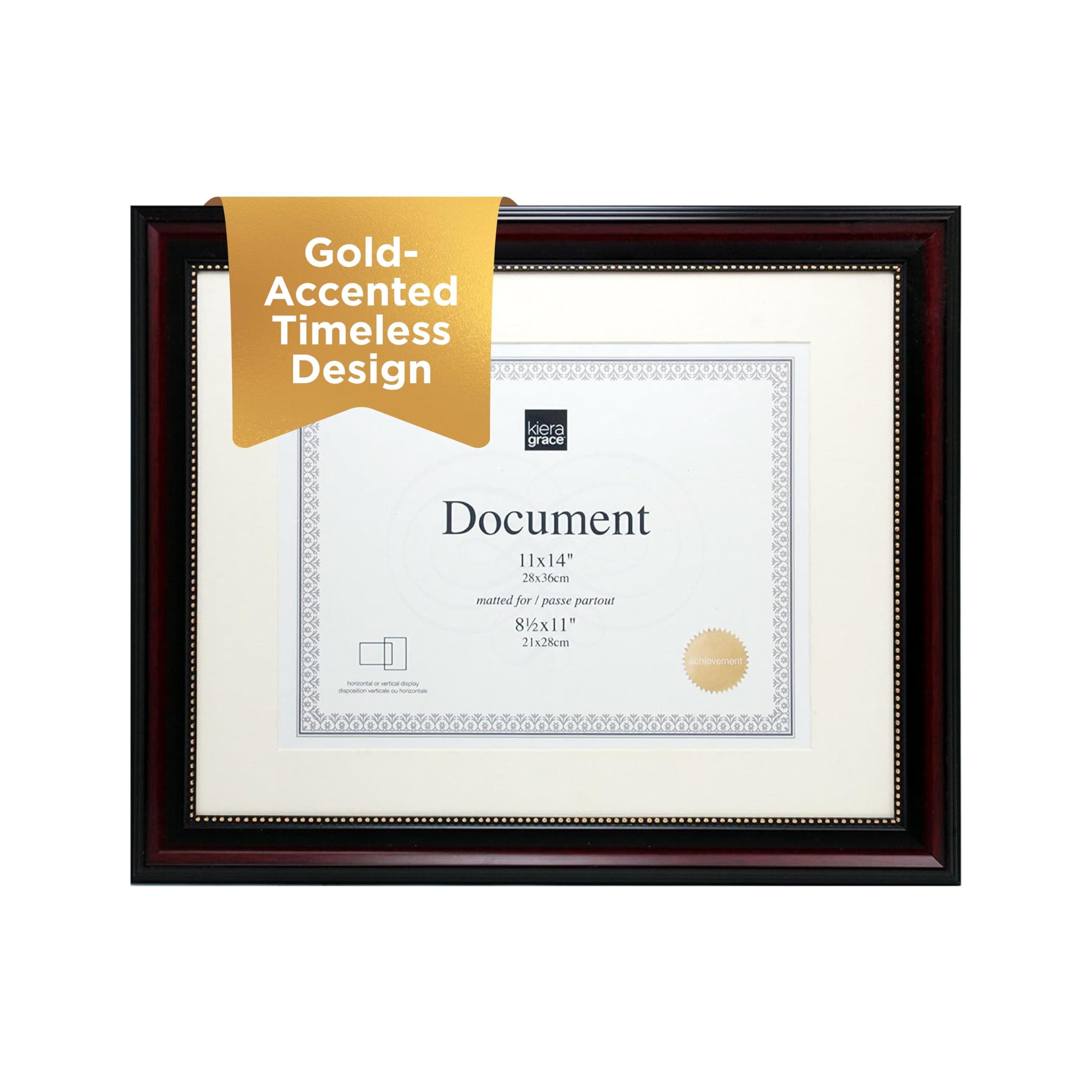 kieragrace Lucy Document Frame, 11 by 14-Inch, Matted to 8.5 by 11-Inch, Dark Brown with Gold Beading