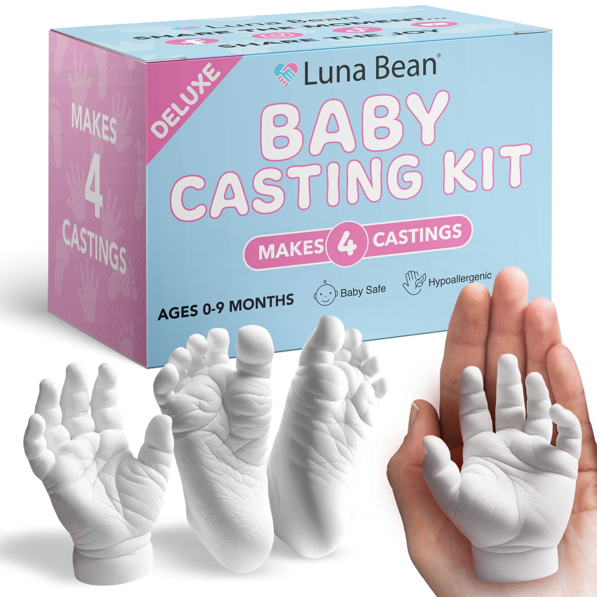 Luna Bean Deluxe Baby Keepsake Hand Casting Kit - Infant Hand Casting Kit Both Hands & Feet - First Birthday or Newborn Gift - Gold and Pearl Paint Included