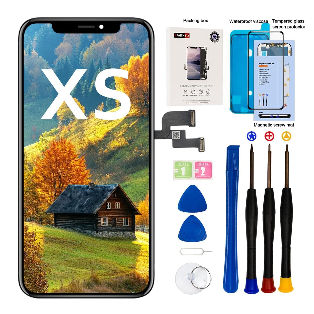 for iPhone Xs LCD Screen Replacement 5.8 Inch Assembly Display and 3D Touch Screen Digitizer with Repair Tools Kit for A1920/A2097/A2098/A2099/A2100 with Waterproof Adhesive Tempered Glass