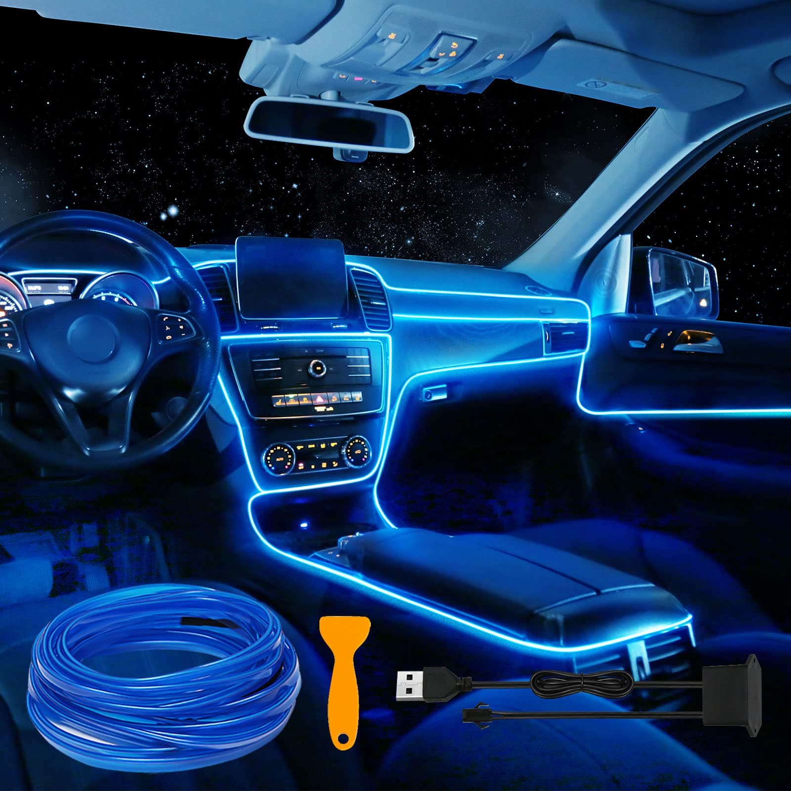 EL Wire Car LED Interior Strip Light USB Neon with 6mm Sewing Edge - 197 inches Glowing Electroluminescent (EL) Wire, Ambient Lighting Kit Car Decorations (5M/16.5FT, Blue)