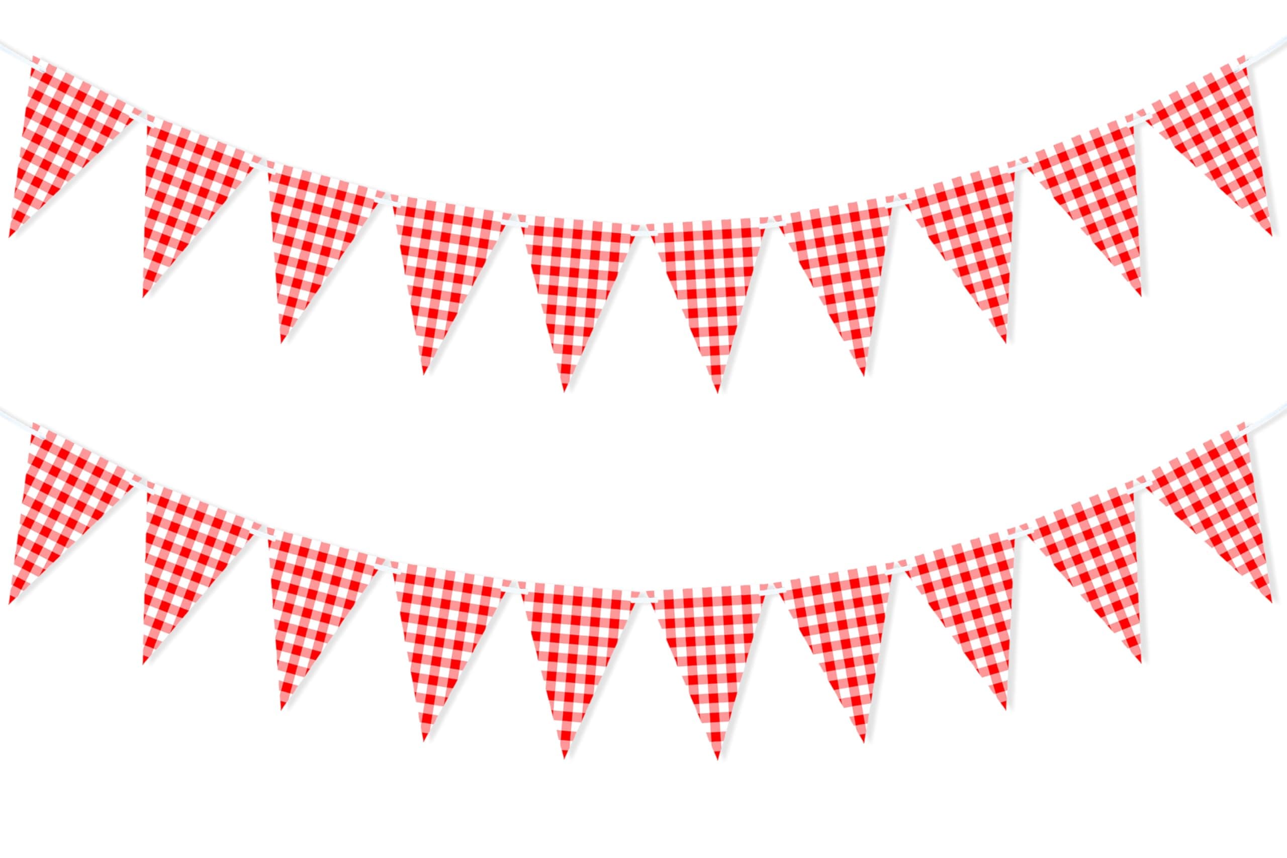VILIFEVER 2 Pieces Red and White Checkered Banner, Double Sided Red Gingham Pennant Banner for BBQ Picnic Theme Baby Shower Birthday Party Decorations Supplies