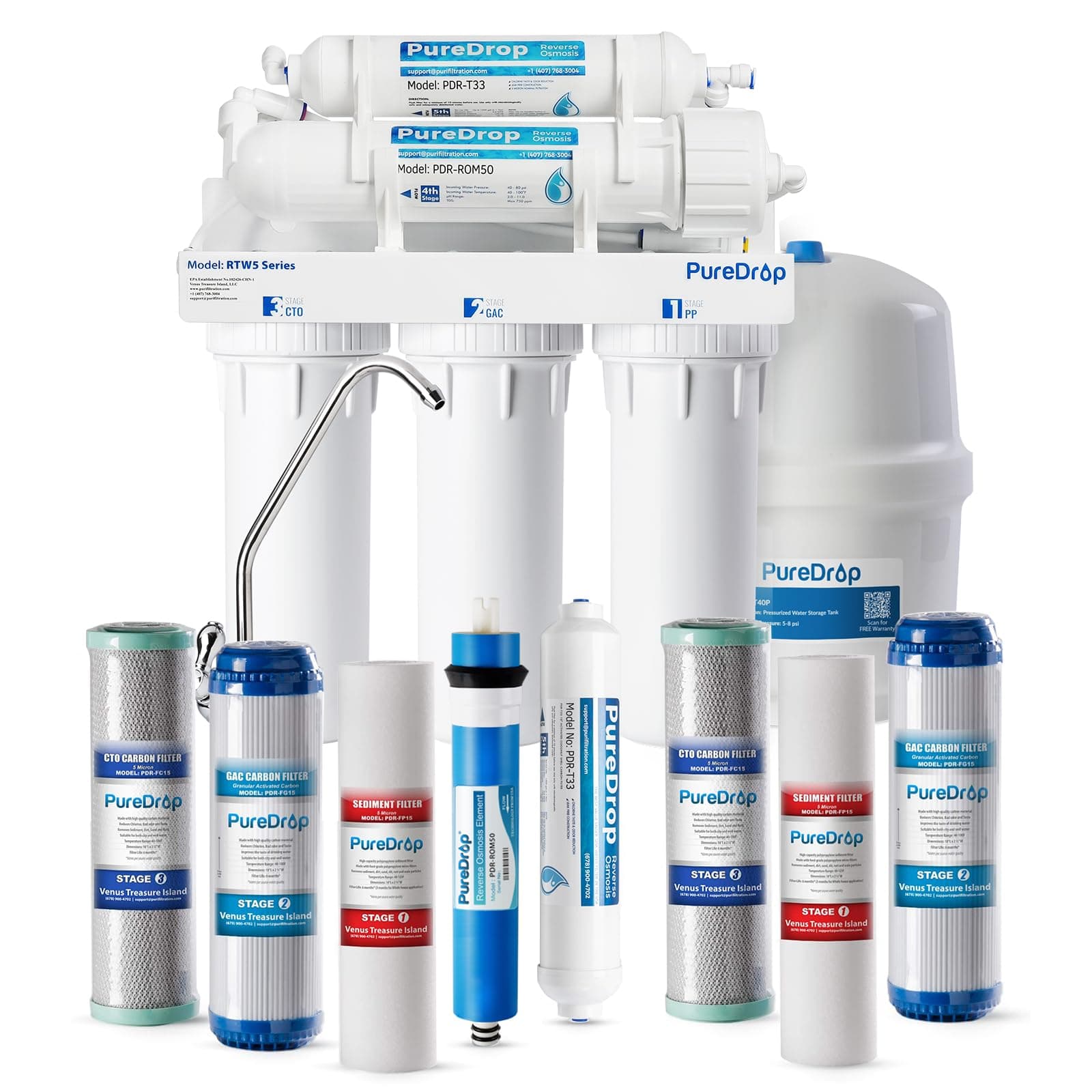 RTW5 SGS-Tested 5 Stage Reverse Osmosis Water Filter System with Innovative Top-Mounted Faucet Design, TDS Reduction 50 GPD Under Sink RO Water Filtration Plus Extra 3 Filters