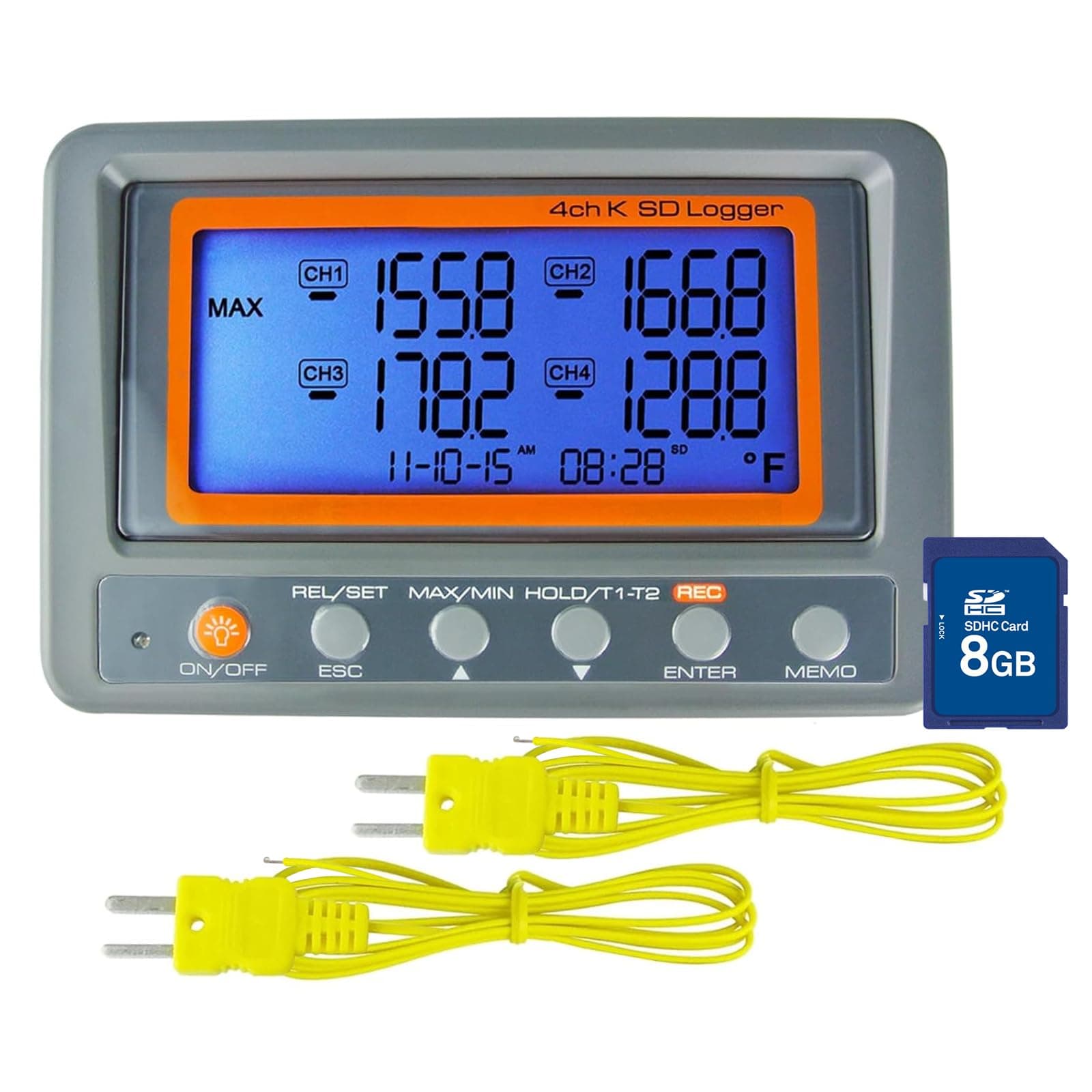 Digital 4 Channels K-Type Thermocouple Thermometer with SD Card Data Logger Function, Programmable High/Low Limit Alarm, Multi Channels Temperature Sensor Temperature Recorder