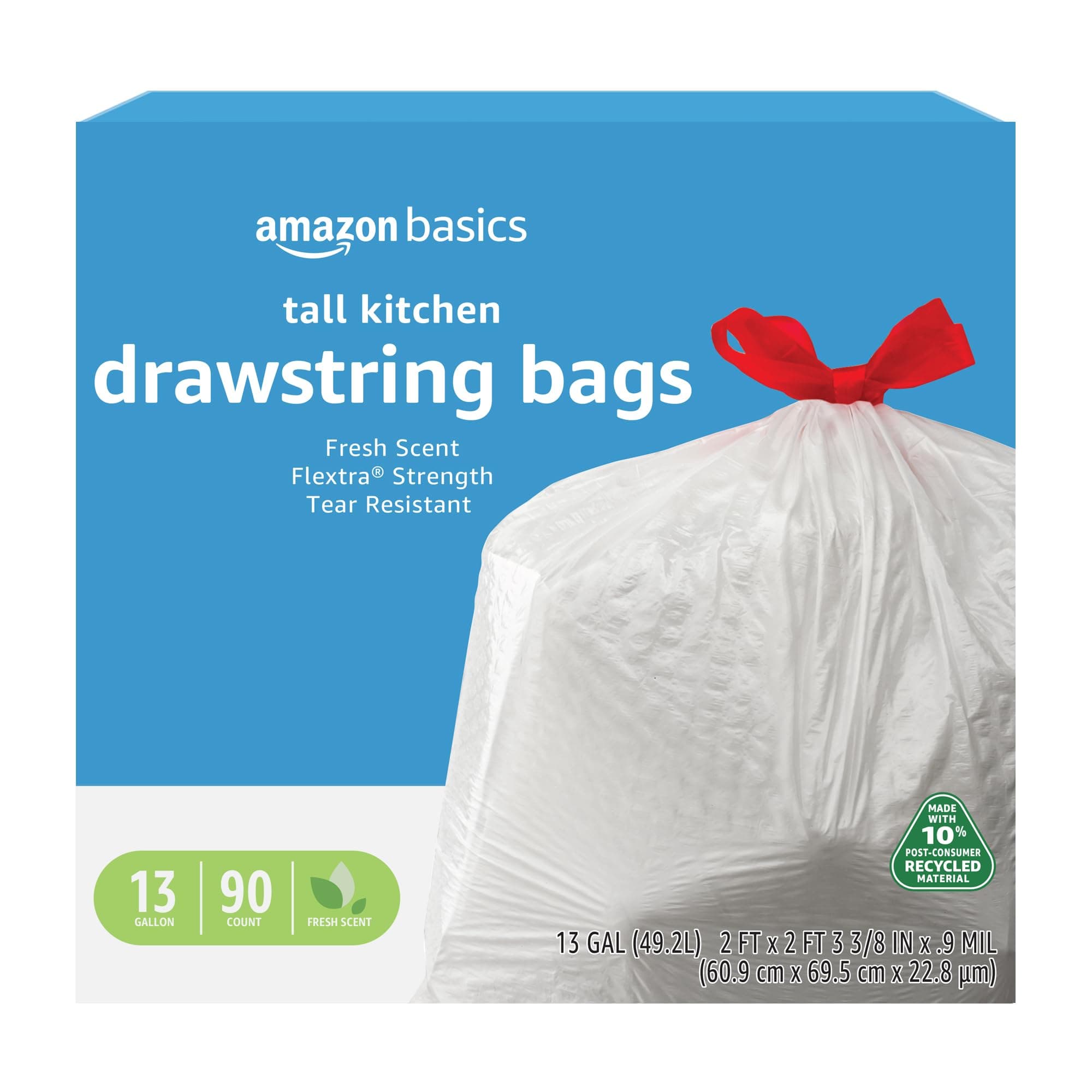 Amazon Basics 13 Gallon Tall Kitchen Drawstring Trash Bags, Flextra Strength, Tear Resistant, Puncture Resistant, 10% Post Consumer Recycled, 90 Count, White