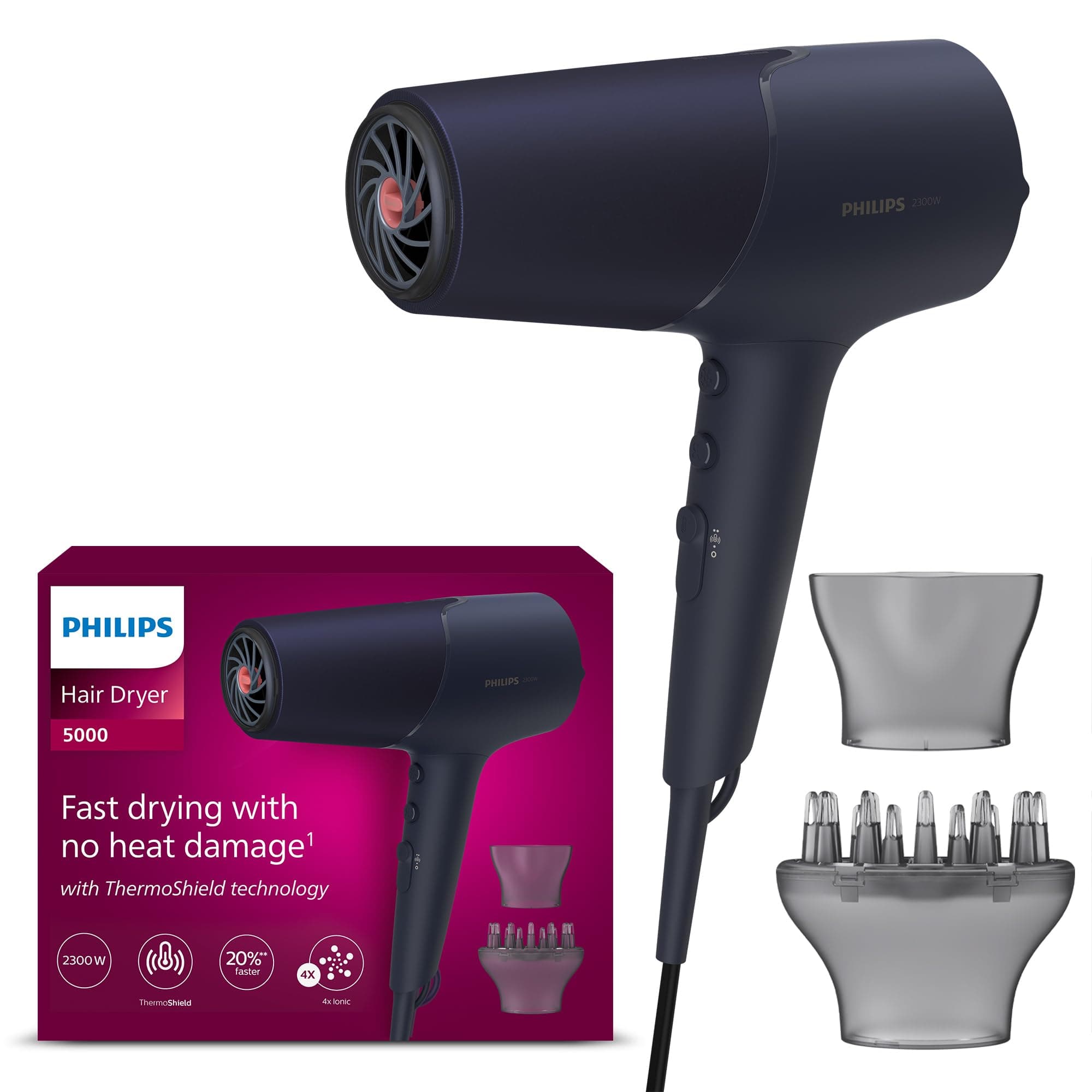 Hair Dryer 5000 Series, ThermoShield Technology, Ionic, with Nozzle and Hair Diffuser, 2300W, Model BHD510/03