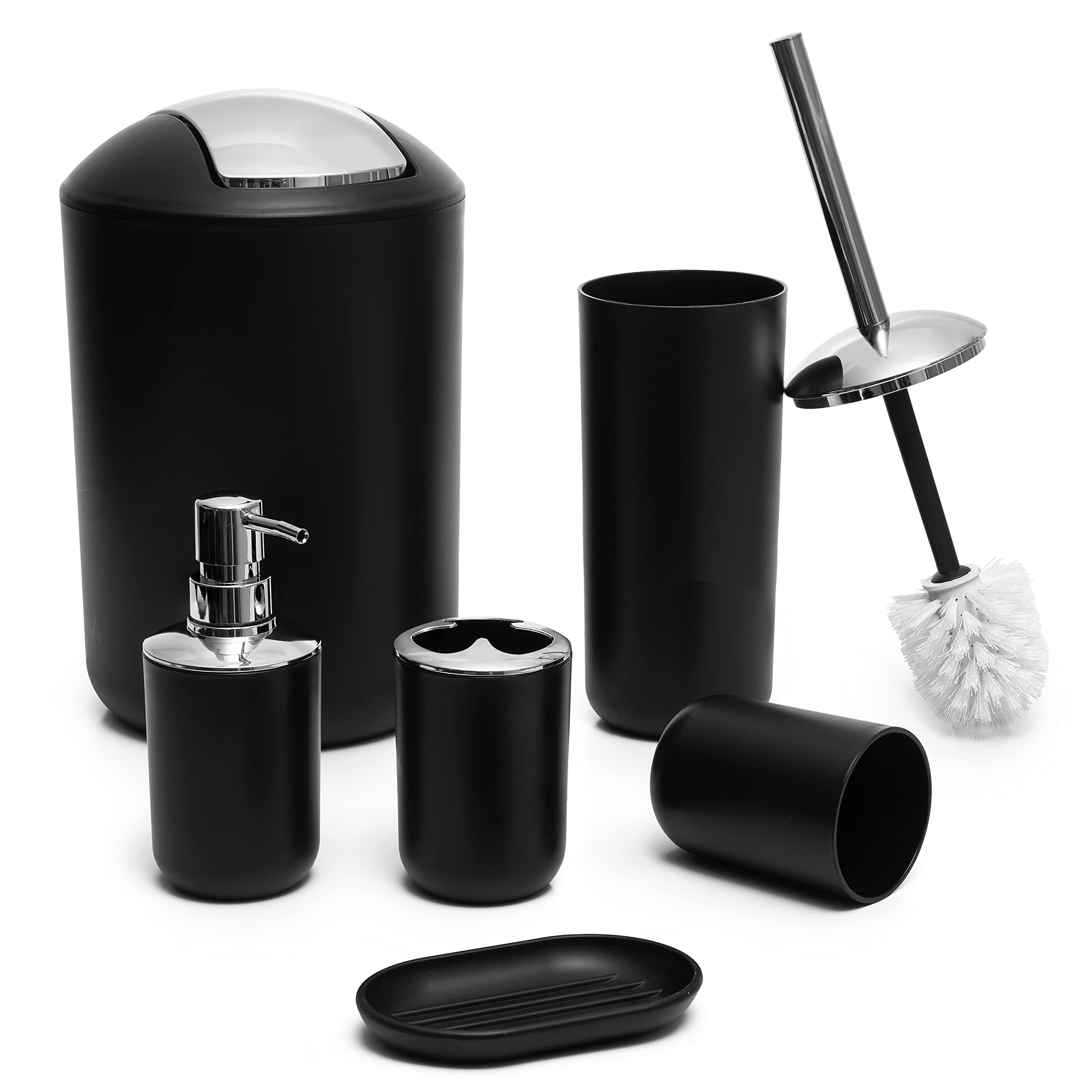 Moss & Stone 6-Piece Bathroom Accessories Set – Black Plastic Bathroom Set with Soap Dispenser, Toothbrush Holder, Cup & Soap Dish – Modern Countertop Bathroom Decor