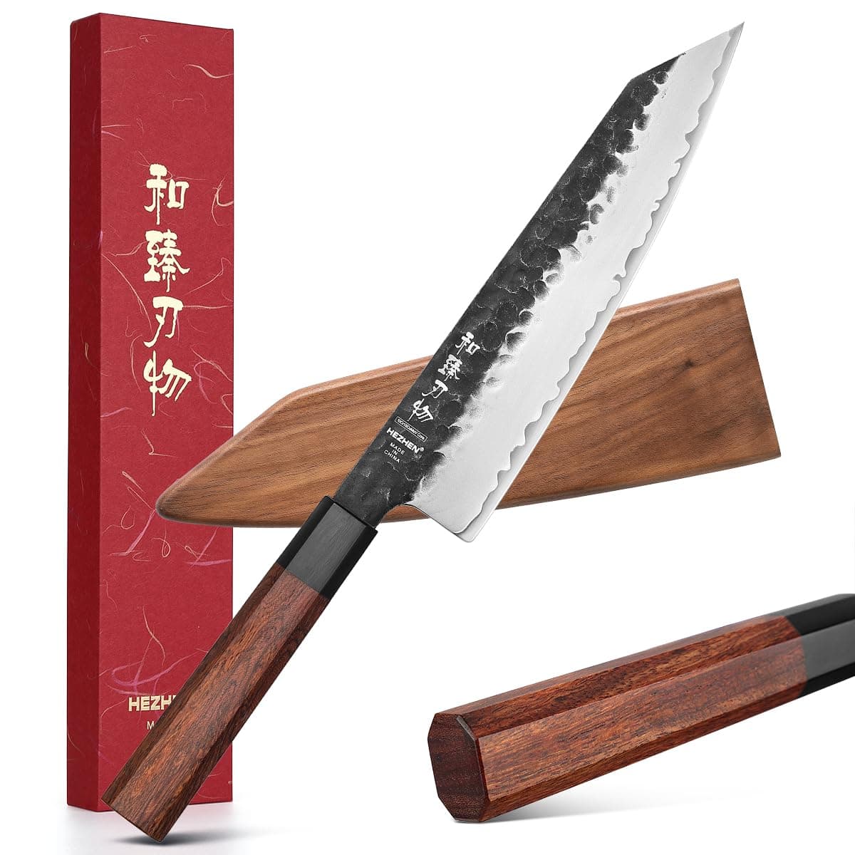 HEZHEN- 8.5” Chef Knife, 3 Layers High Carbon Clad Steel Kiritsuke Knife, Composite Forging Steel, Professional Japanese Kitchen Knife, Redwood Octagonal Handle With Wooden Knife Sheath