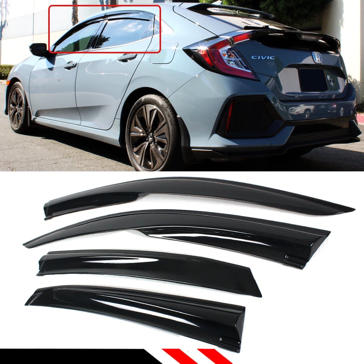 Cuztom Tuning Type-R 3D Wavy JDM Mug Style Window Visor Rain Guard Deflector Compatible with 2016-2021 Honda Civic FK4 FK7 FK8 5DR Hatchback LX EX Touring Sport