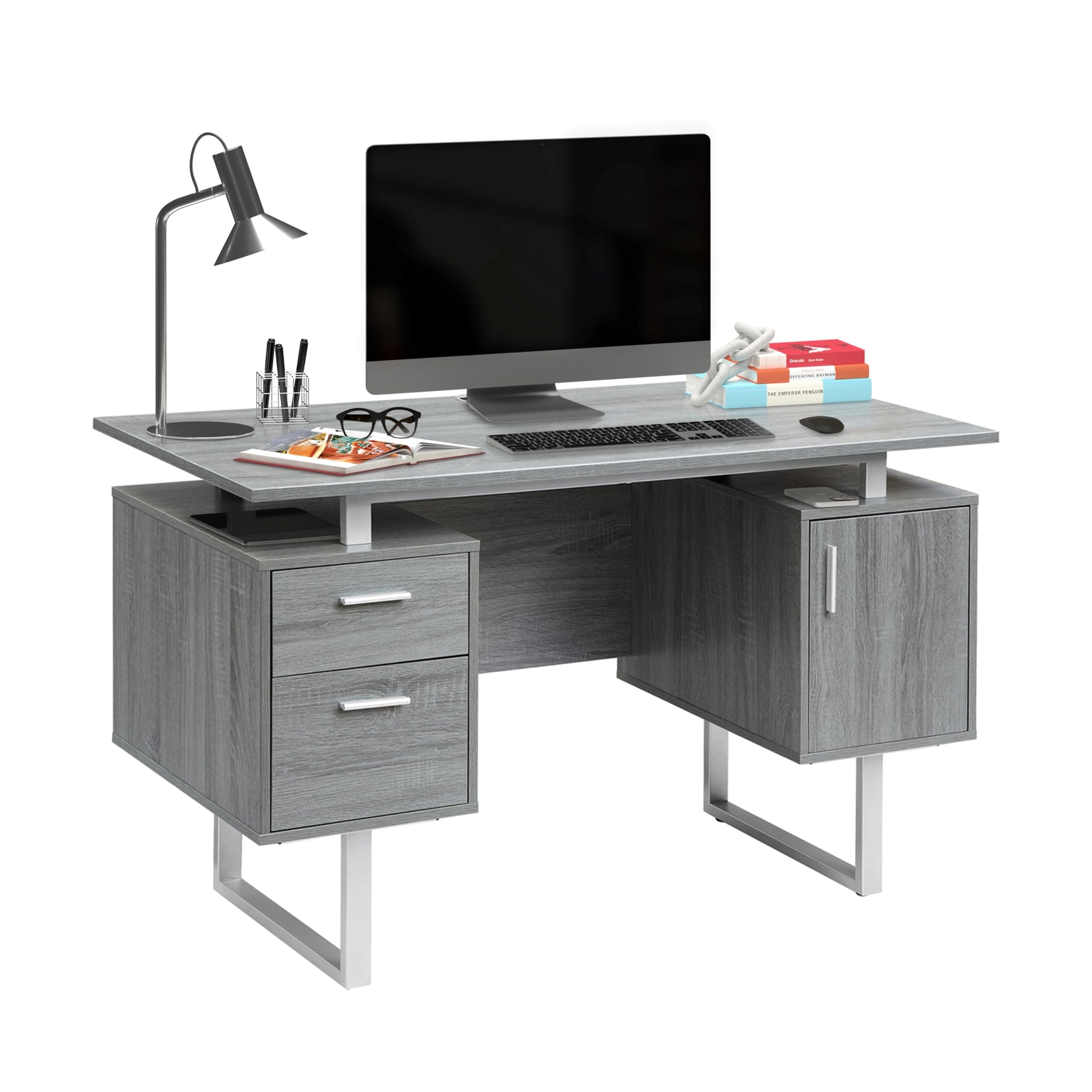 Techni Mobili Modern Office Desk with Storage, Wood, Gray
