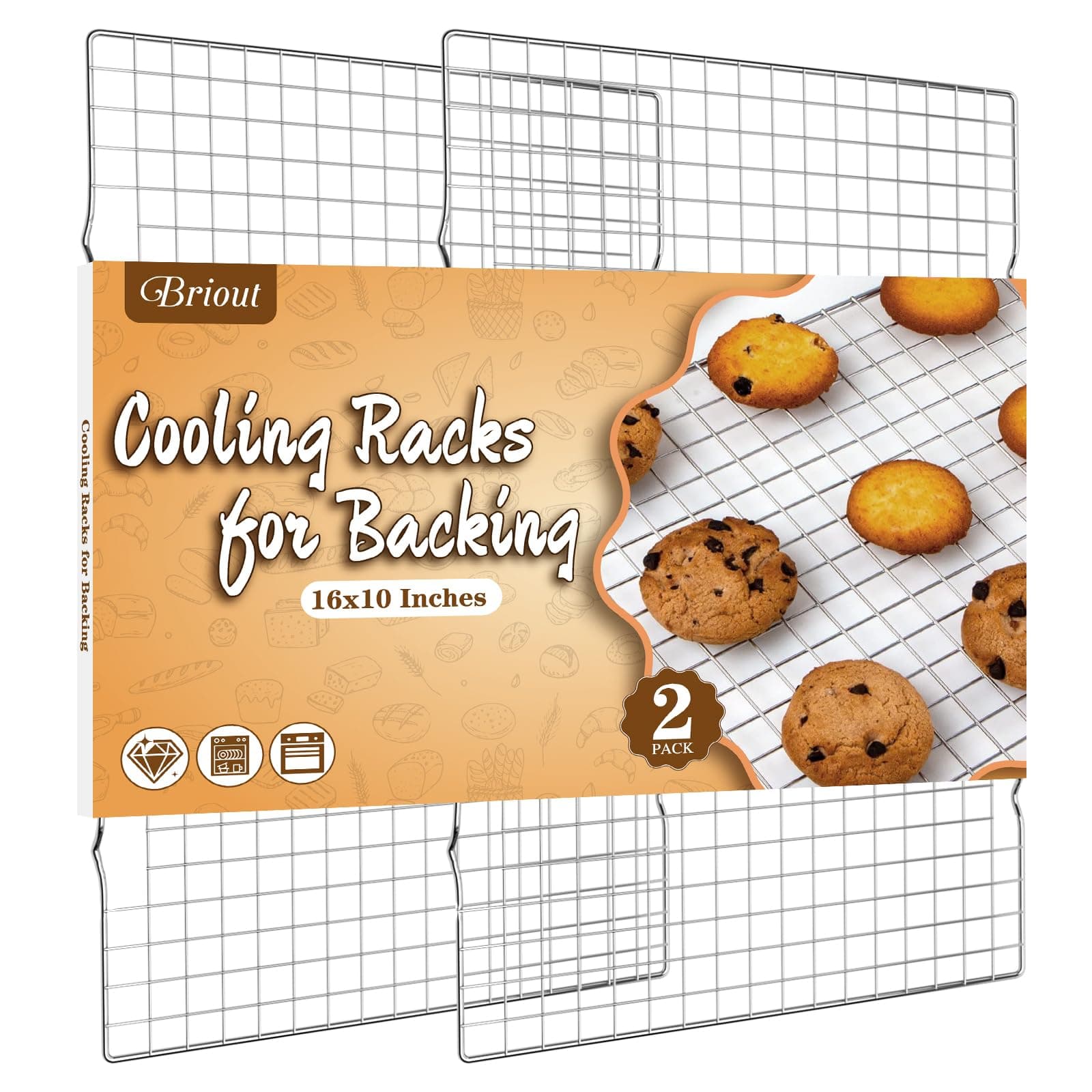 Cooling Rack for Baking 2-Pack, 16x10 Inches Baking Rack, Thick Wire Cookie Rack for Cooking, Roasting, Grilling, Drying, Oven Safe, Fits Half Sheet Pan, Silver