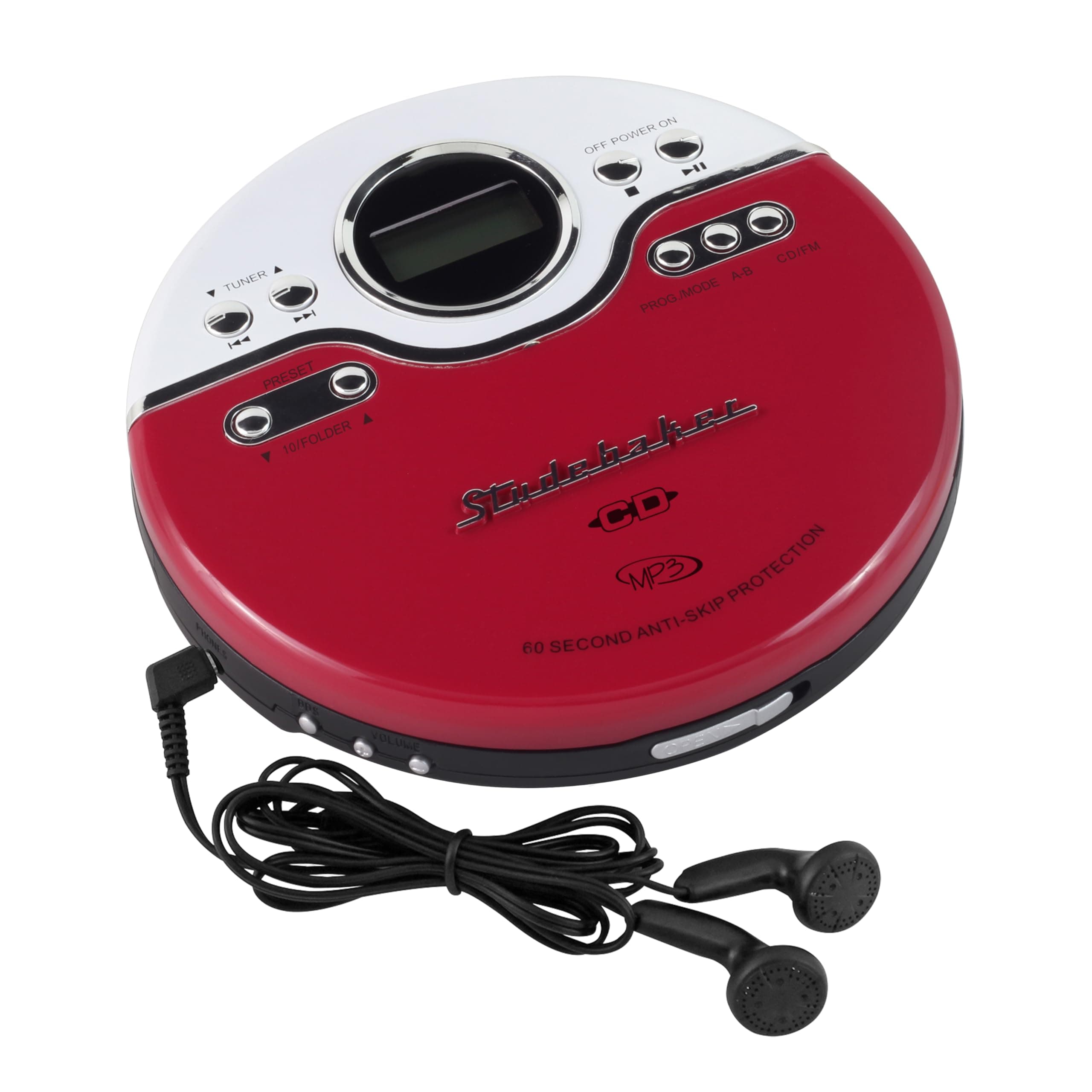 Studebaker SB3703RB Joggable Personal CD/MP3 Player with Audio Book Compatibility, Bookmark Feature and FM PLL Radio - Red/Black