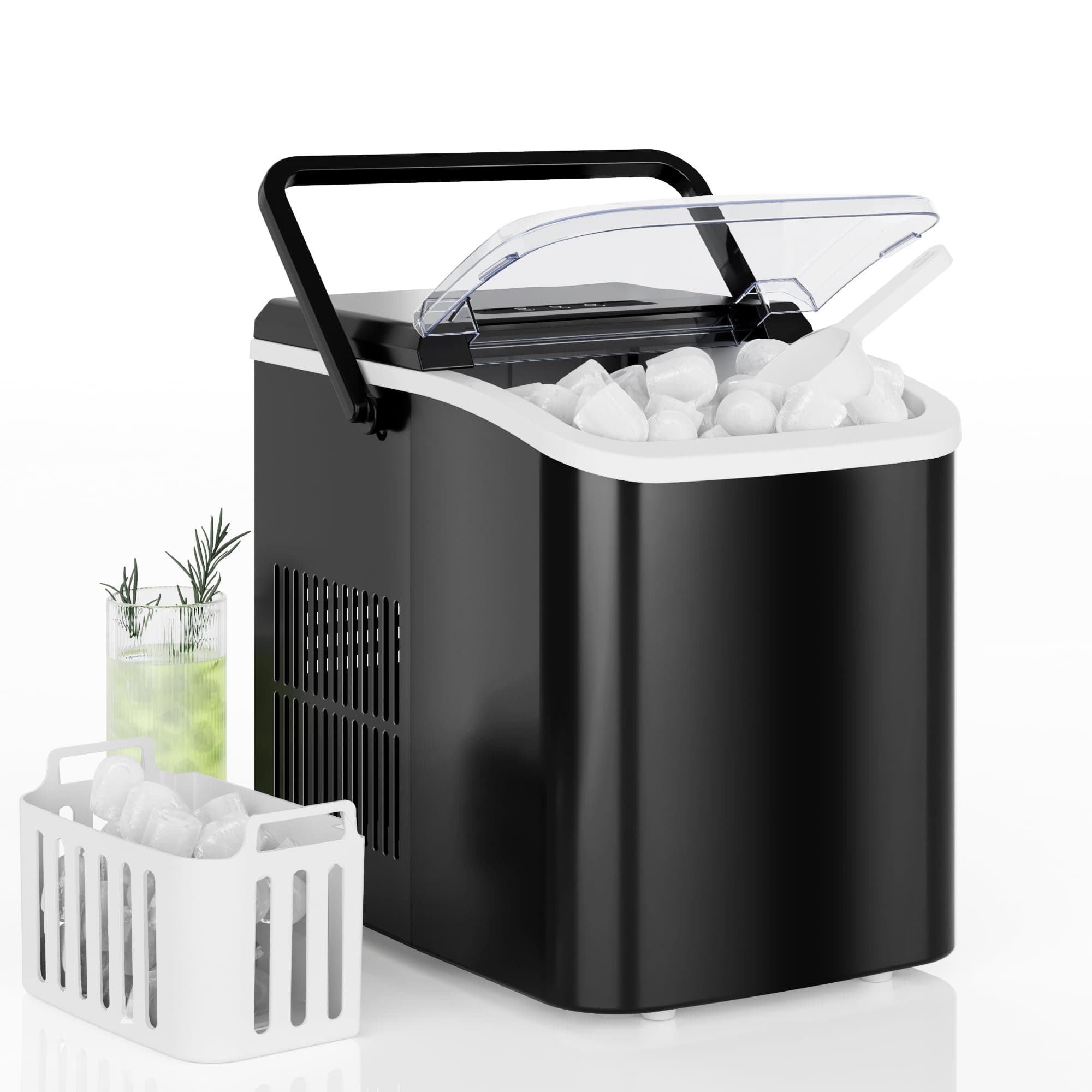 Countertop Ice Maker with Handle, 26lbs/24H Portable Ice Machine, 9 Bullet Ice Cubes Ready in 6 Mins, Self-Cleaning, Quiet Compact Ice Maker for Home, Kitchen, RV, Camping, Black