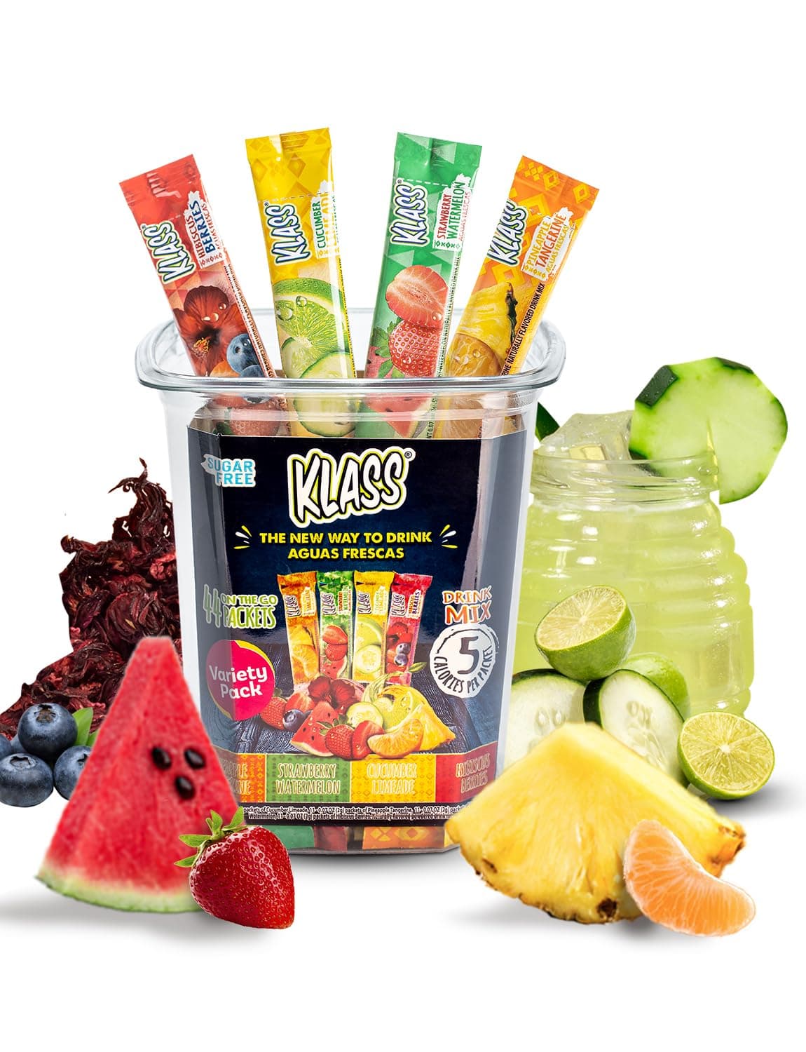 Klass Aguas Frescas, Powdered Drink Mix Variety Pack, 44 Singles Zero Sugar & Caffeine-Free Powder Packets, Water Drink Mix, Flavors: Cucumber Limeade Pineapple Tangerine Strawberry Watermelon & Hibiscus Berries - 5 Calories Per Packet & Natural Flavors