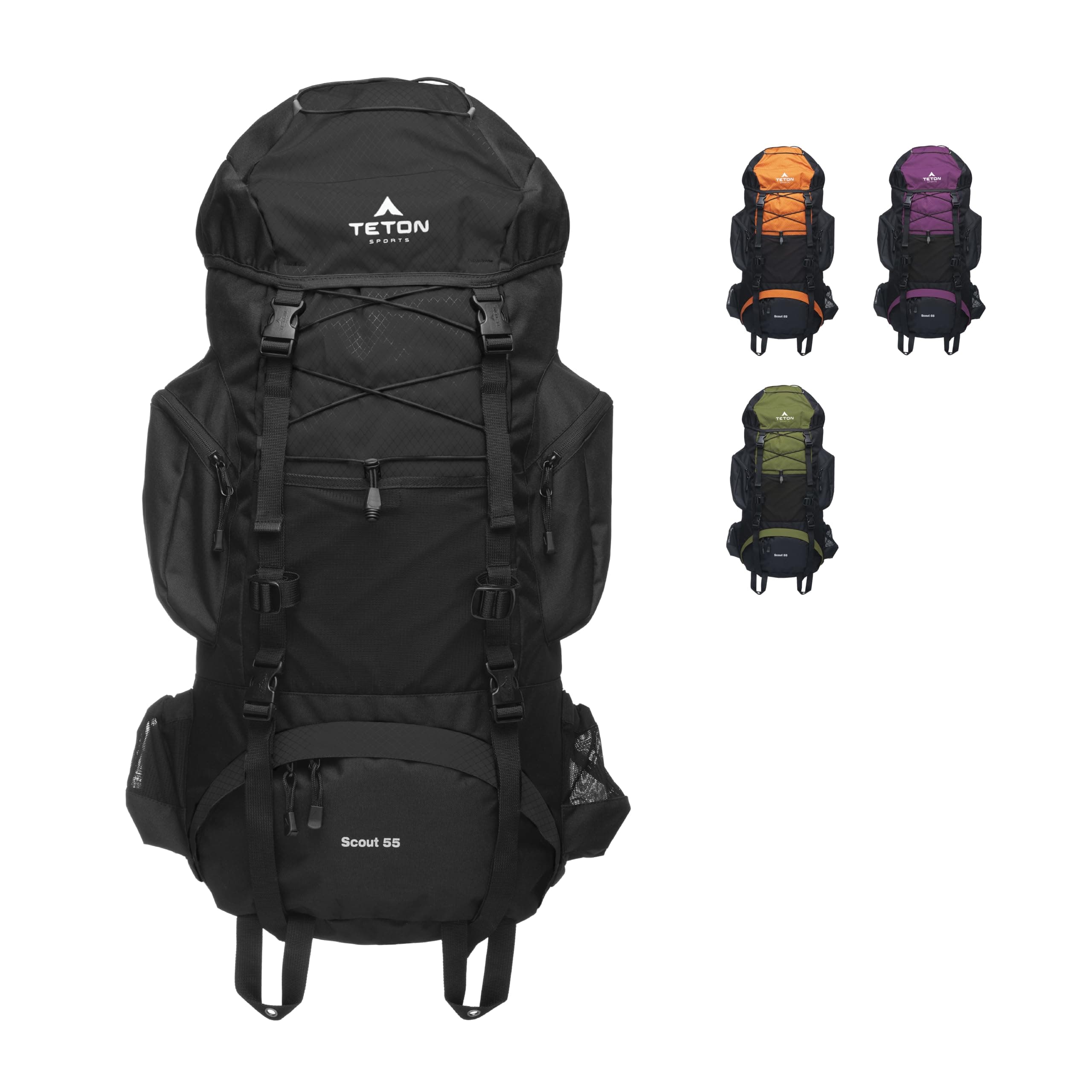 - Teton 55L Scout Internal Frame Backpack for Hiking, Camping, Backpacking, Travel, Rain Cover Included, Black