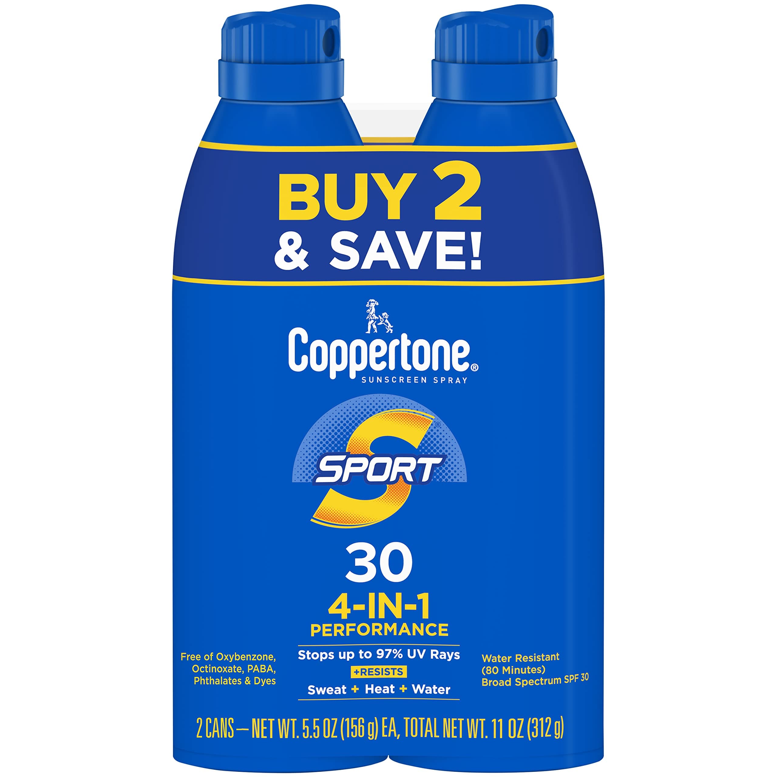 Coppertone Sport Sunscreen Spray SPF 50, Water Resistant Spray Sunscreen Pack, 5.5 Oz, Pack of 2 (Packaging May Vary)
