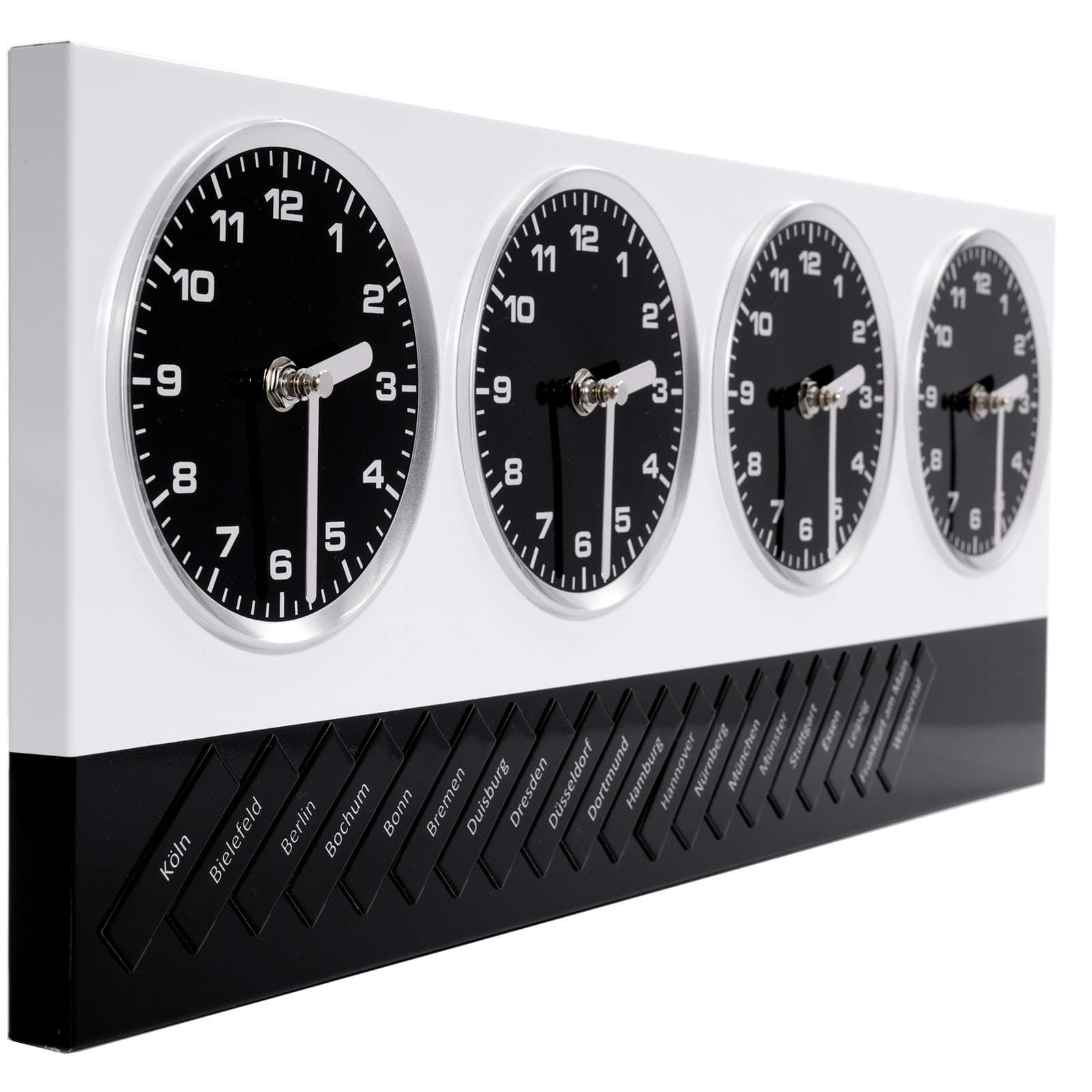 DESIGN DELIGHTS MODERN WALL CLOCK GLOBAL | white/black, 4 clockworks, 20 magnets with german cities and 7 world metropolises | wall decoration